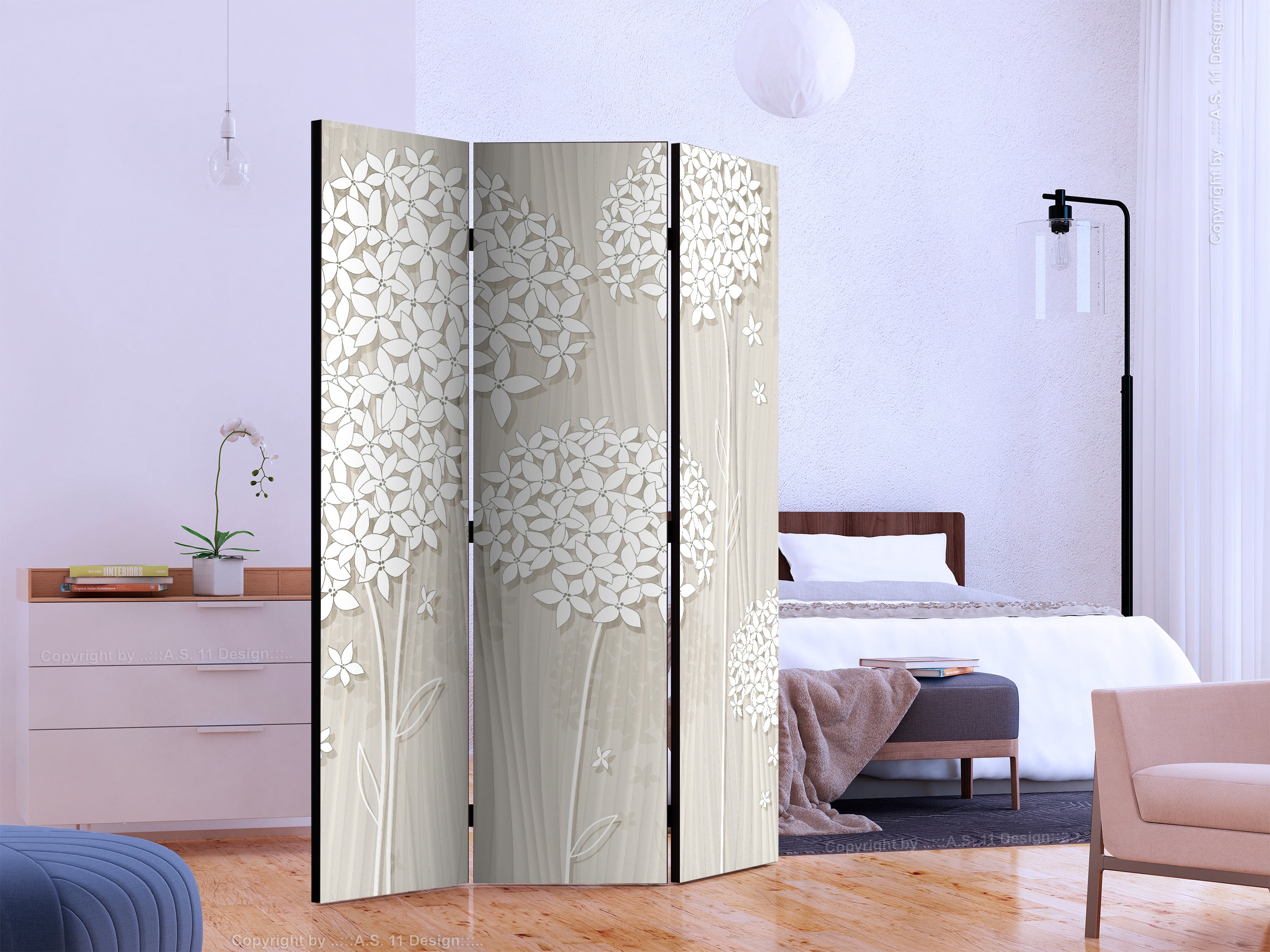 Cream Floral Texture 3-Panel Room Divider