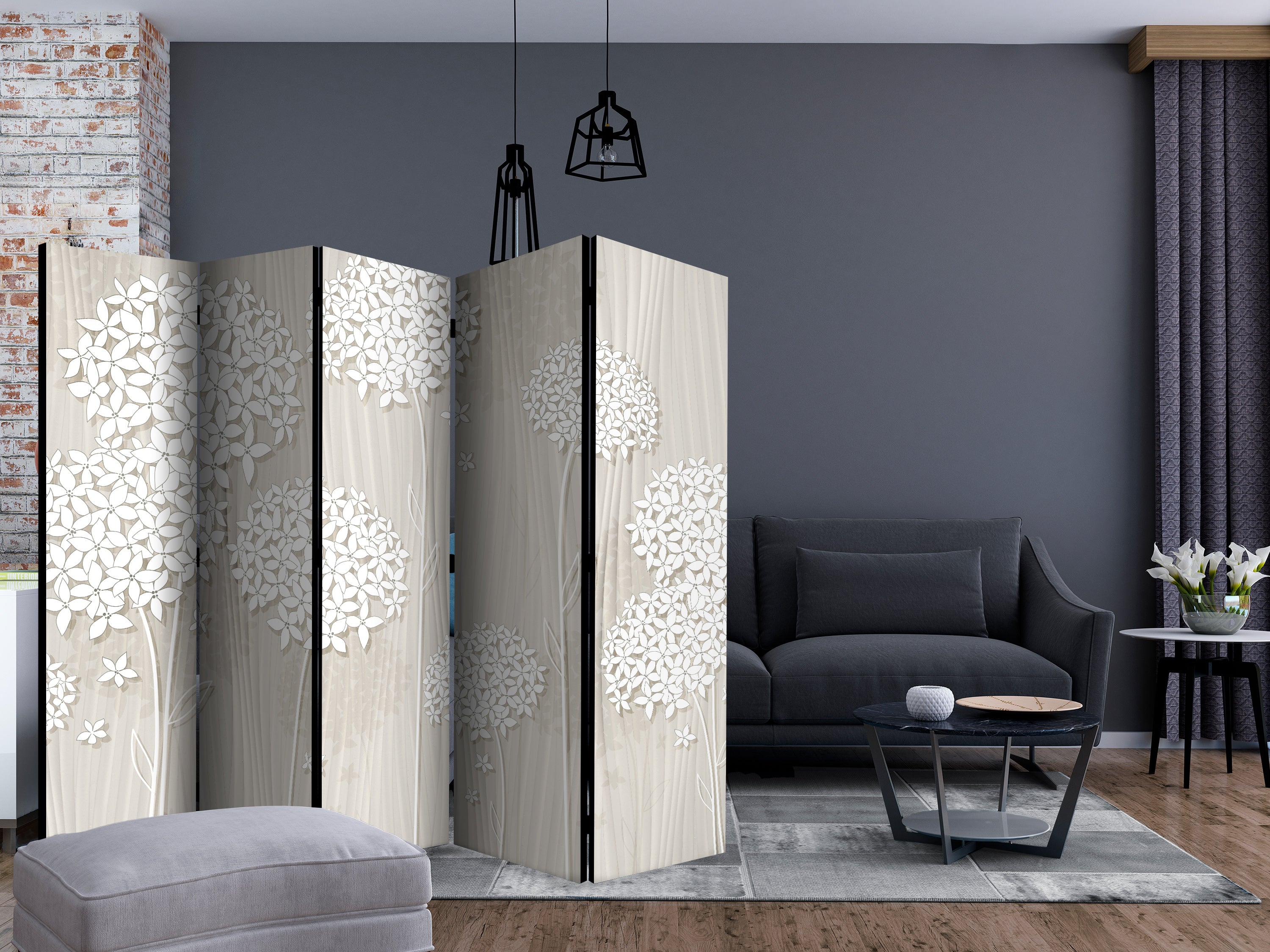 Cream Floral Texture 5-Panel Room Divider