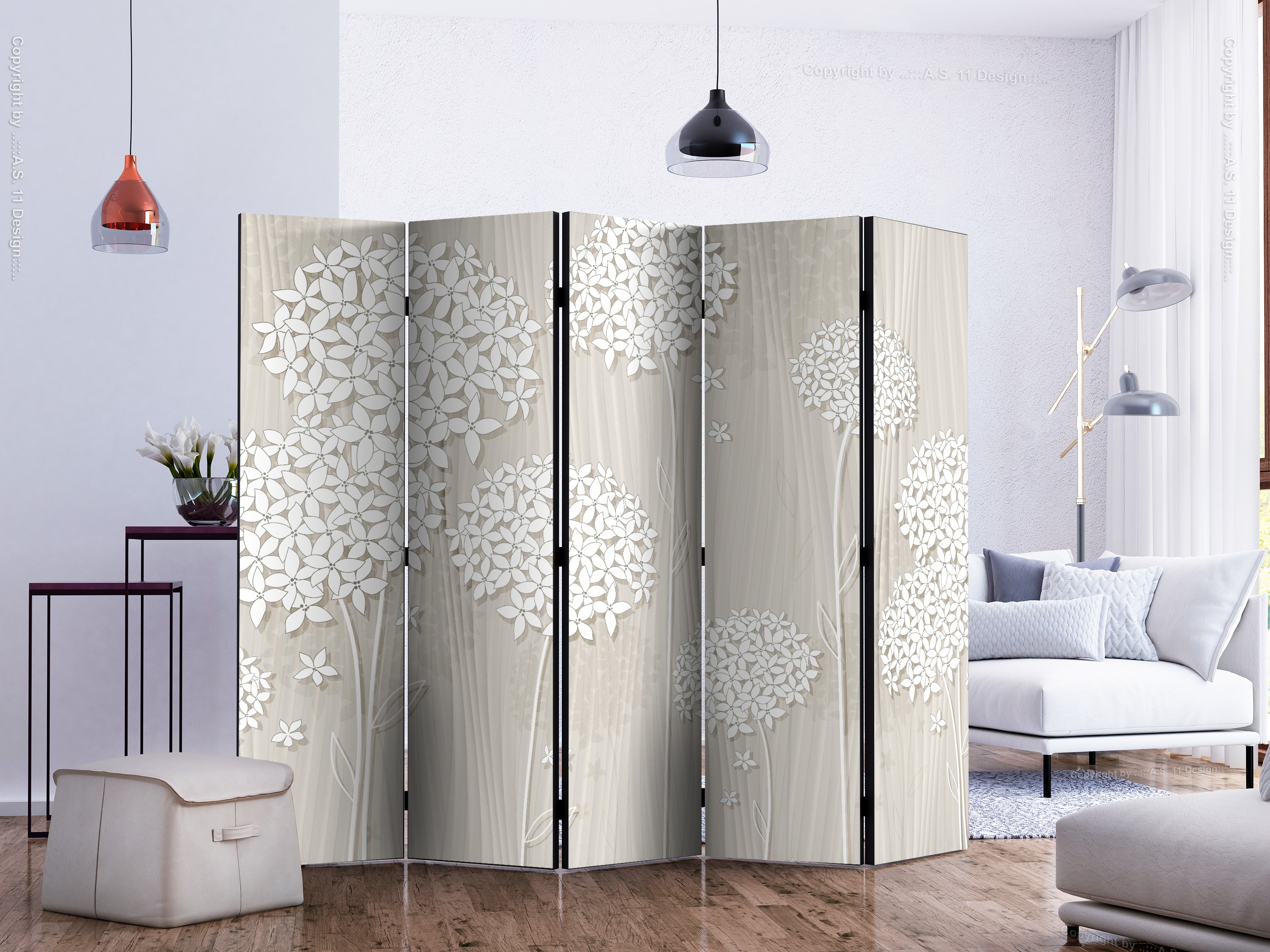 Cream Floral Texture 5-Panel Room Divider