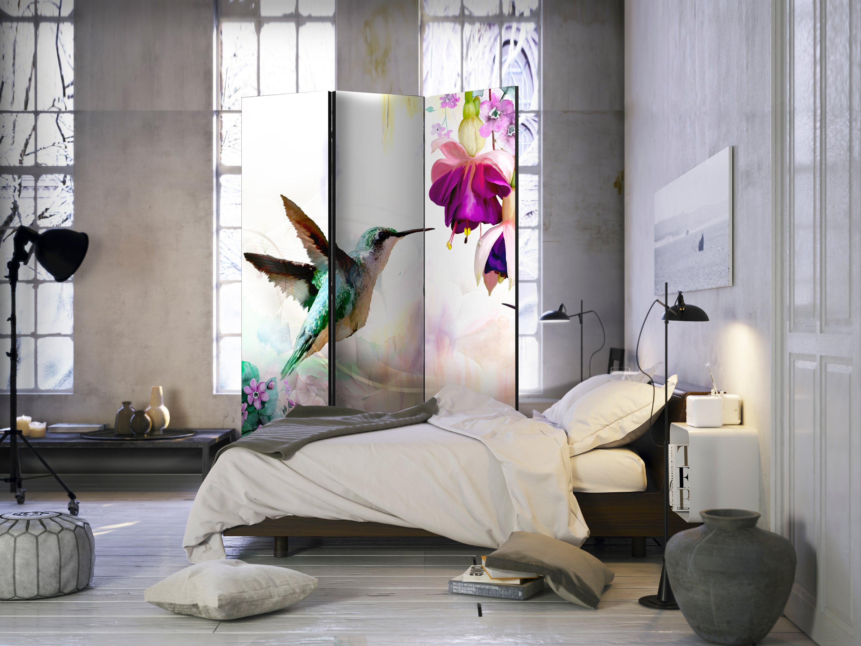 Hummingbirds and Flowers Colourful 3-Panel Room Divider