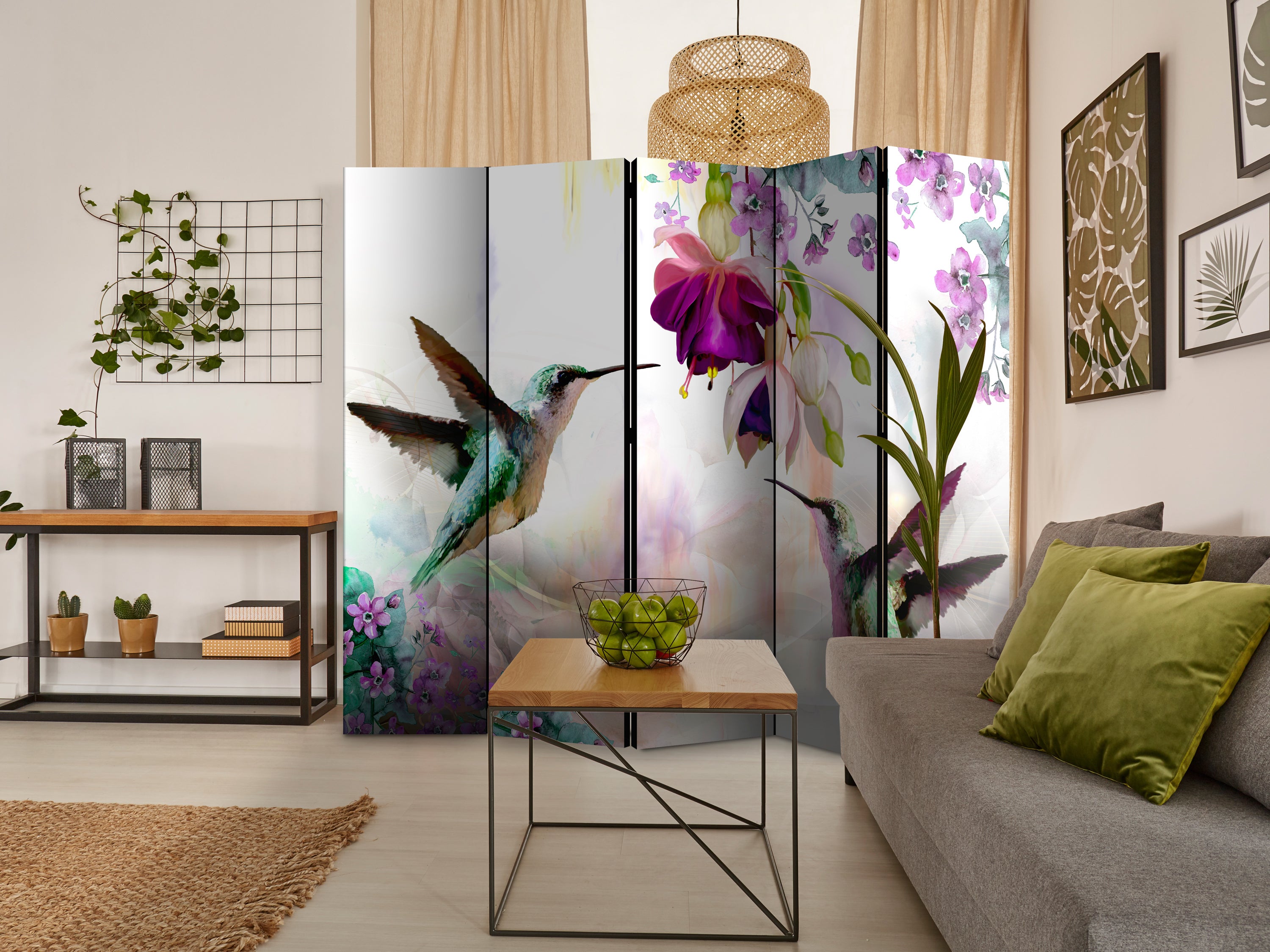 Hummingbirds and Flowers Colorful 5-Panel Room Divider