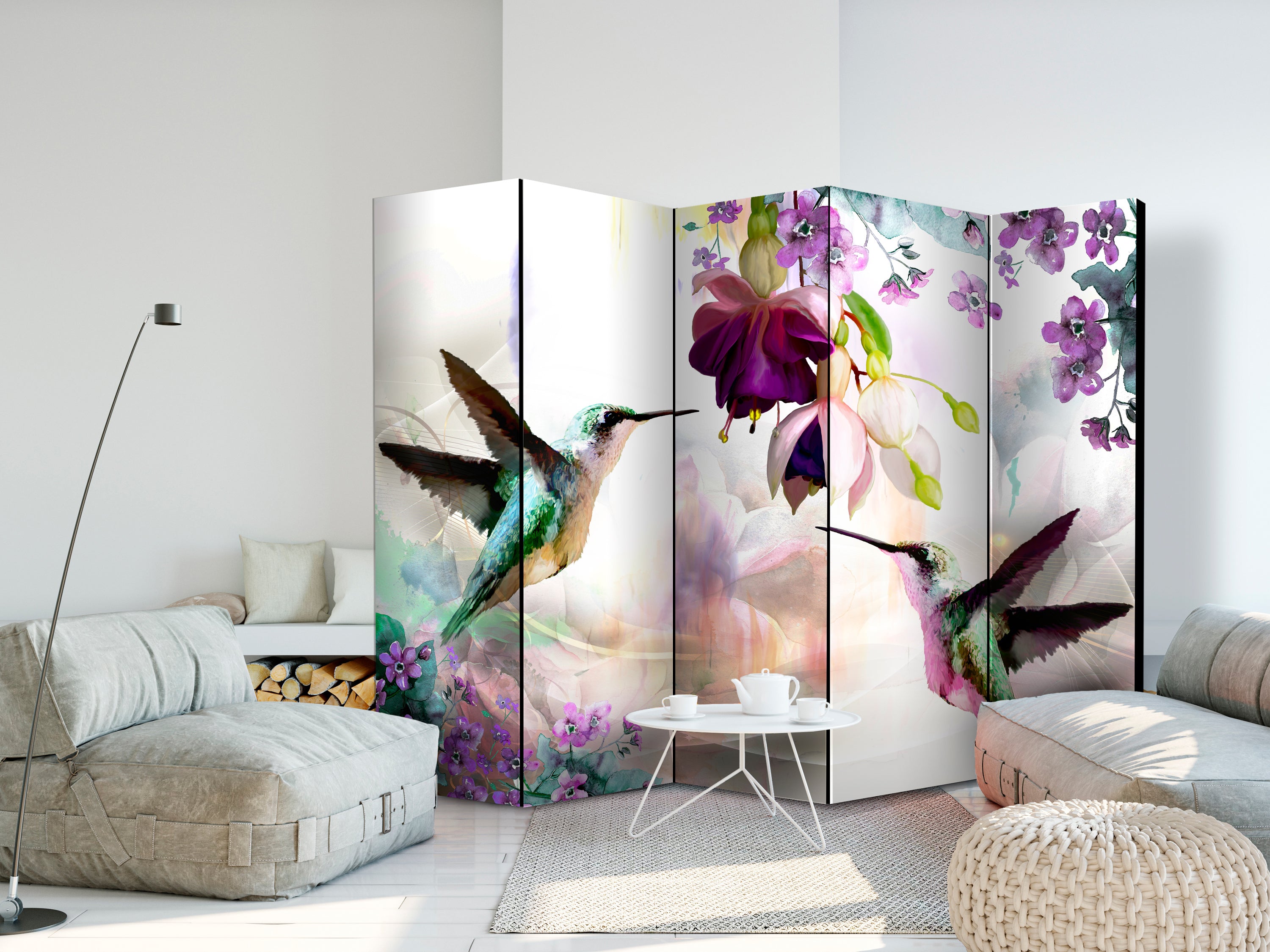 Hummingbirds and Flowers Colorful 5-Panel Room Divider