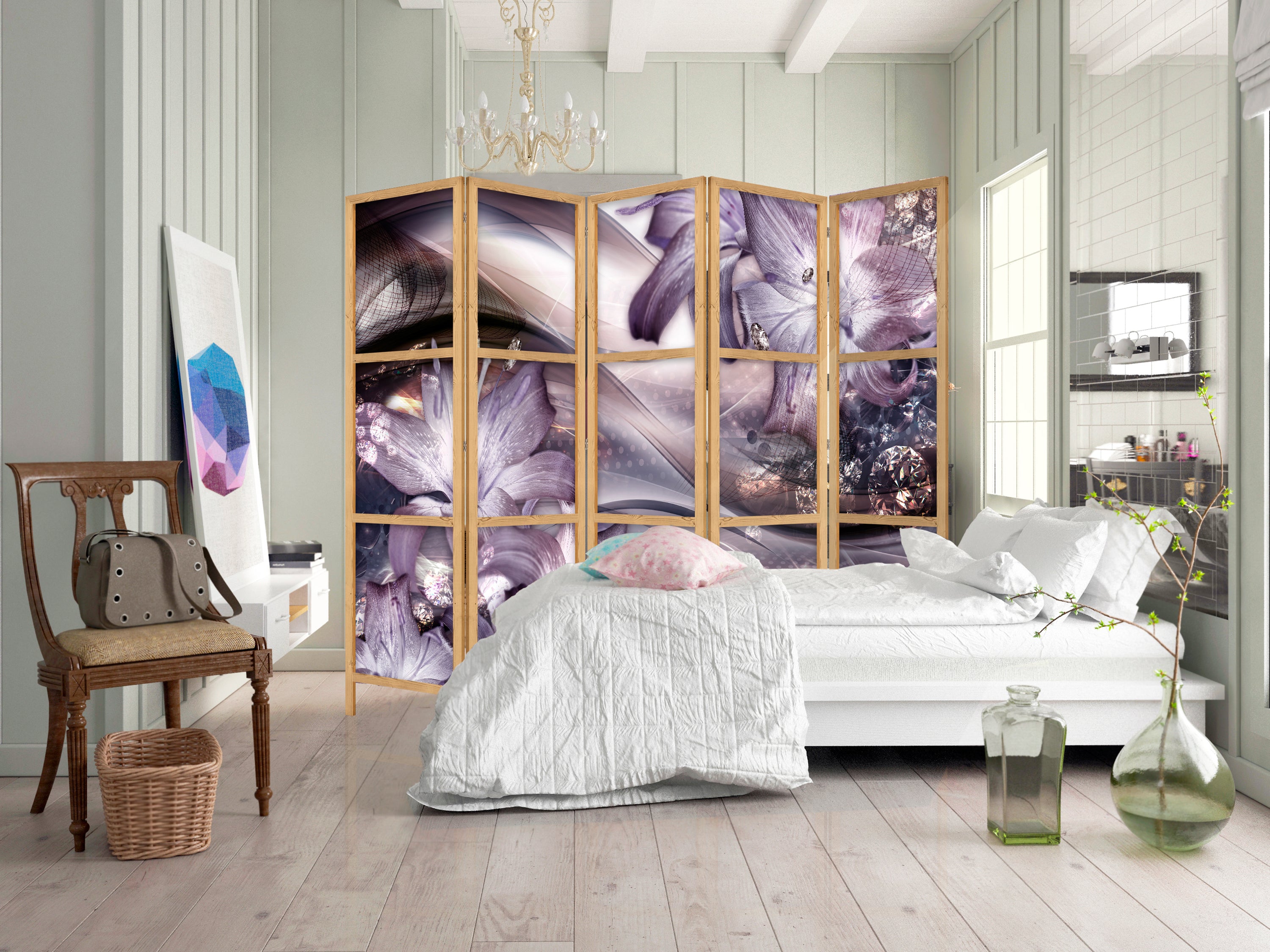 Lilies on Wave Floral 5-Panel Japanese Room Divider