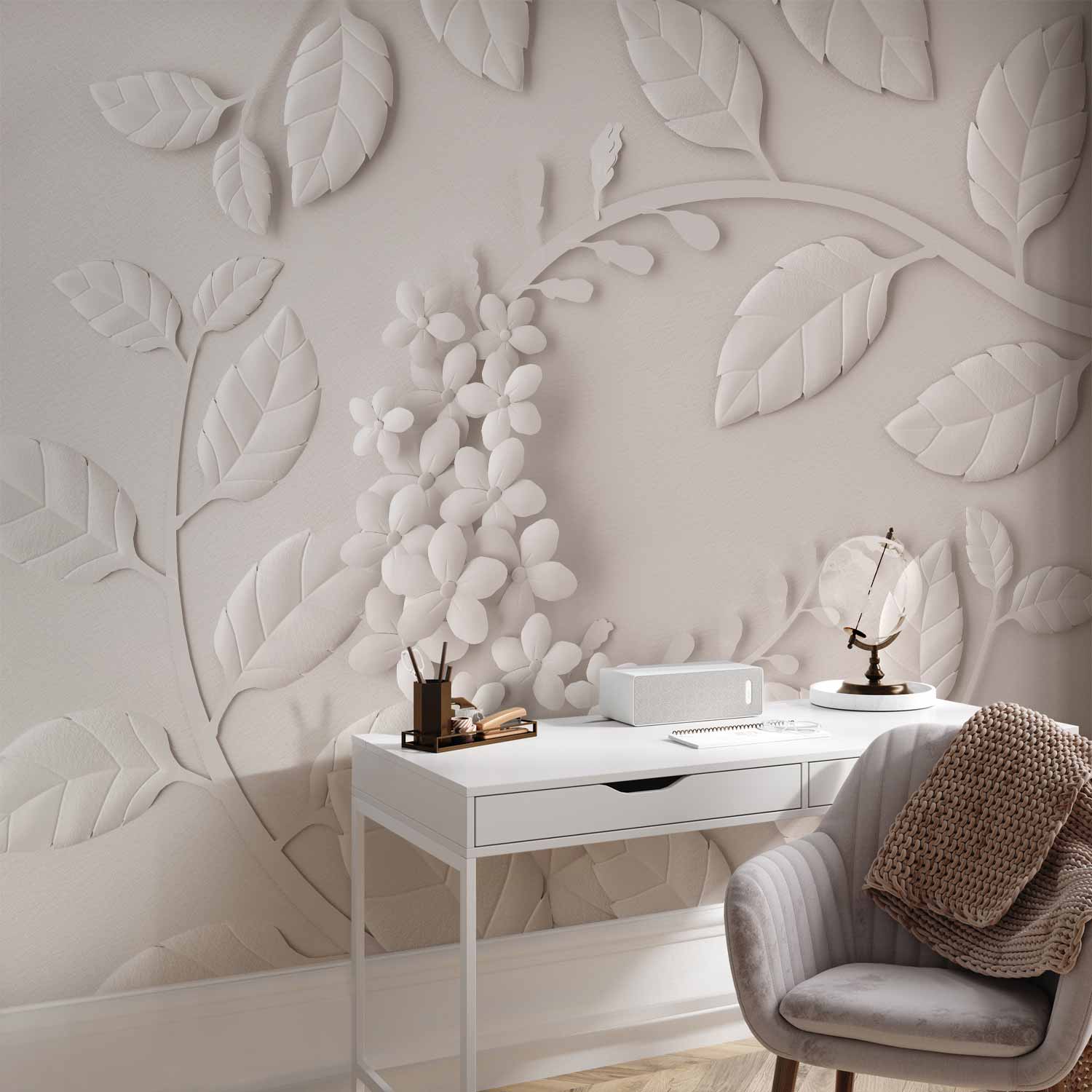 Cream Paper Flowers Floral Wall Mural