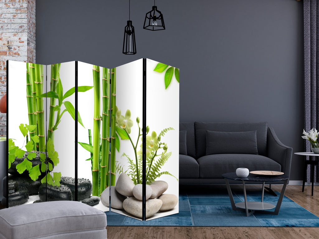 Zen Bamboo and Stones 5-Panel Japanese Room Divider