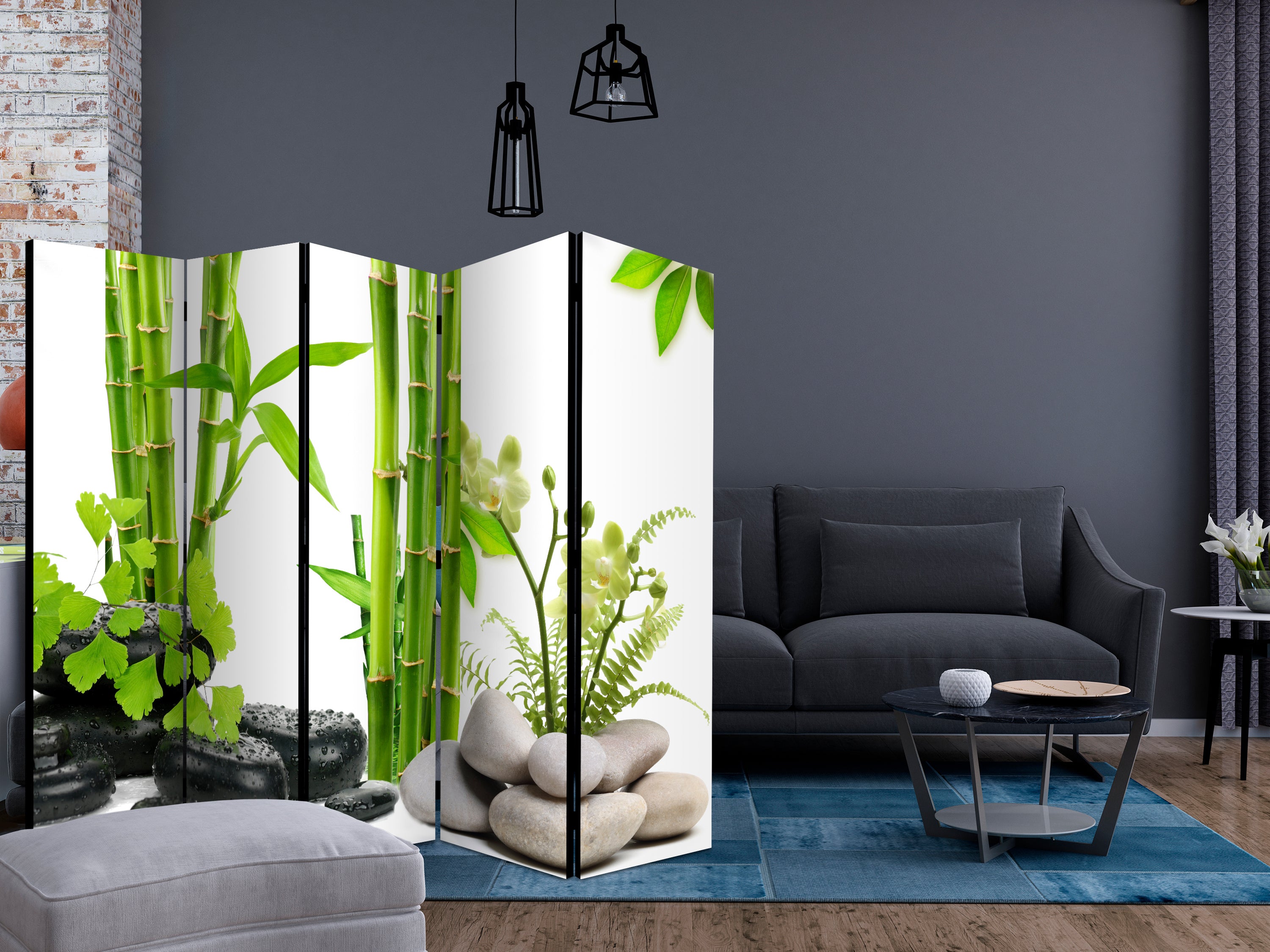 Zen Bamboo and Stones 5-Panel Japanese Room Divider
