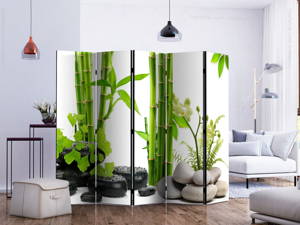 Zen Bamboo and Stones 5-Panel Japanese Room Divider