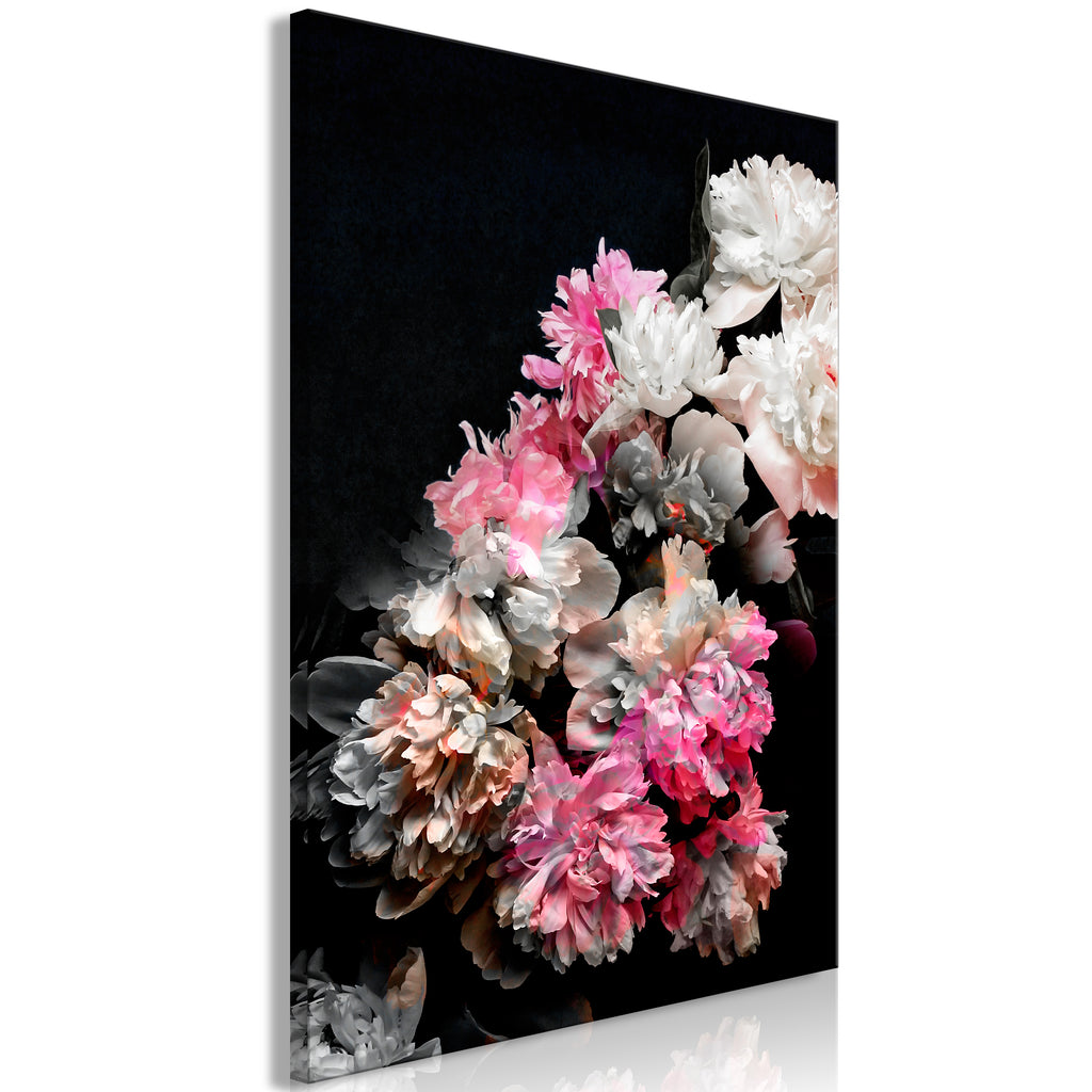 Canvas Print Peony Charm: 1-part Colorful Bouquet on Black Background