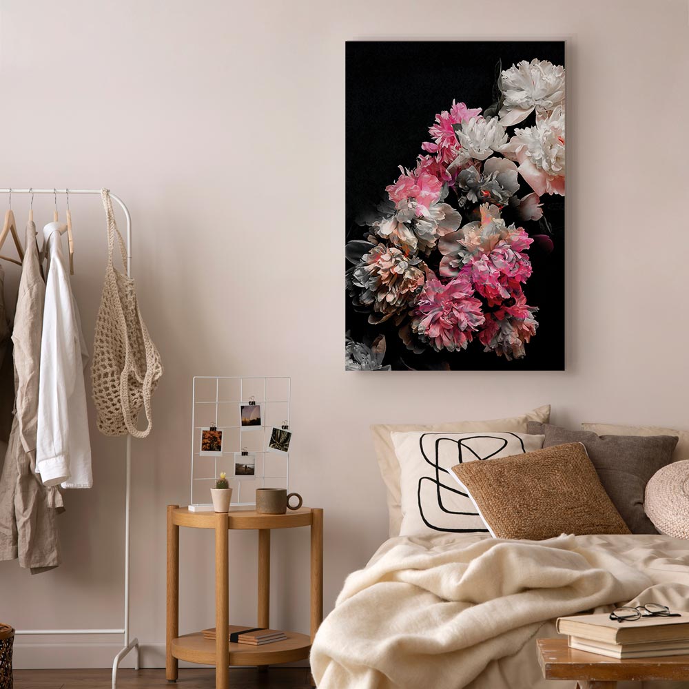 Colorful Peony Bouquet on Black Canvas Print