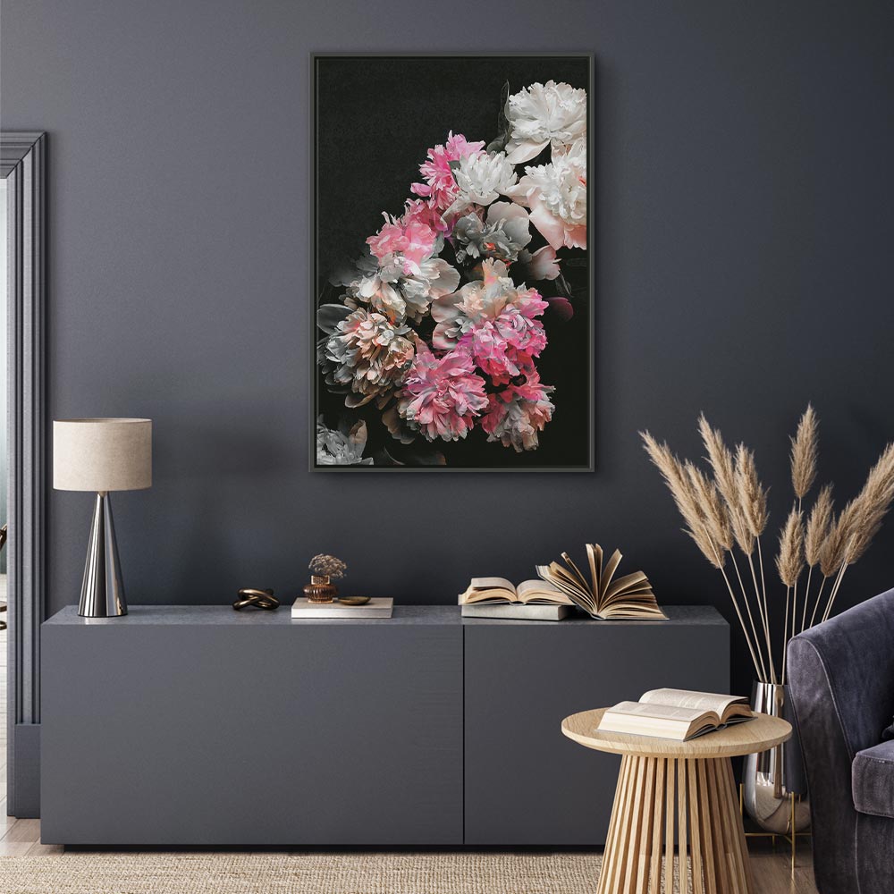 Colorful Peony Bouquet on Black Canvas Print