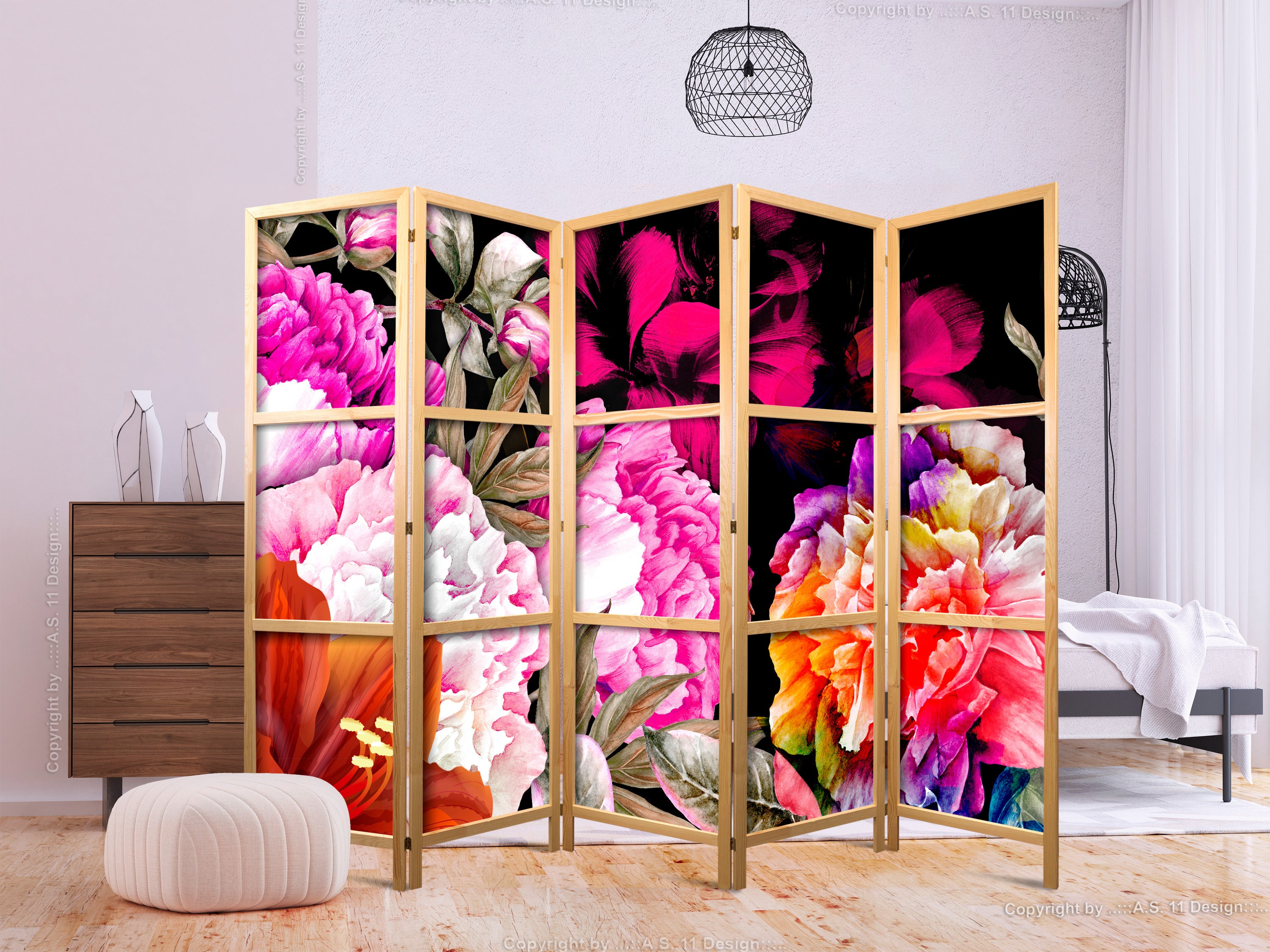 Floral Abundance Japanese 5-Panel Room Divider