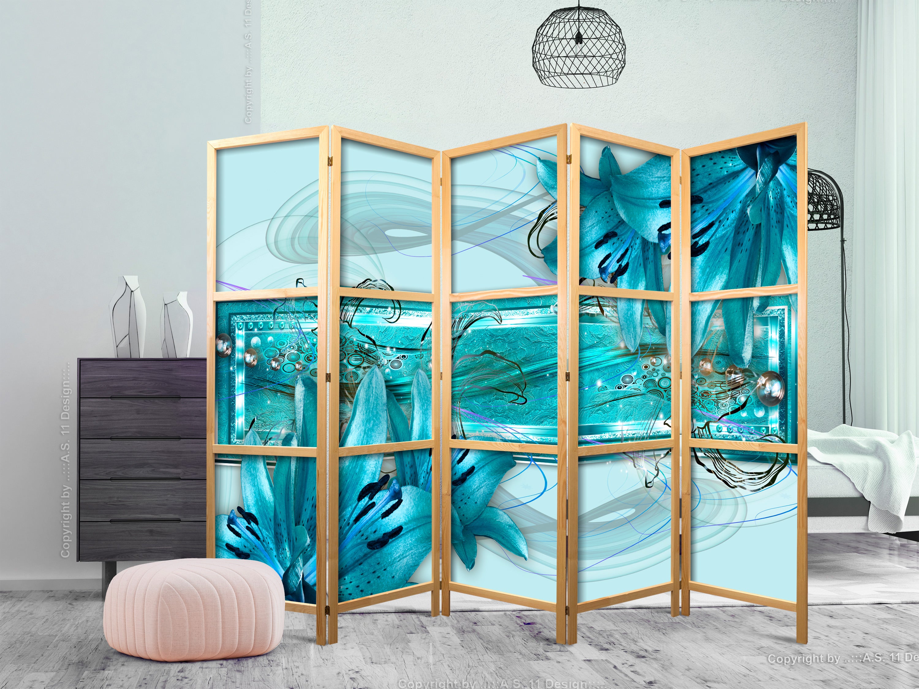 Pale Blue Lily Floral 5-Panel Japanese Room Divider