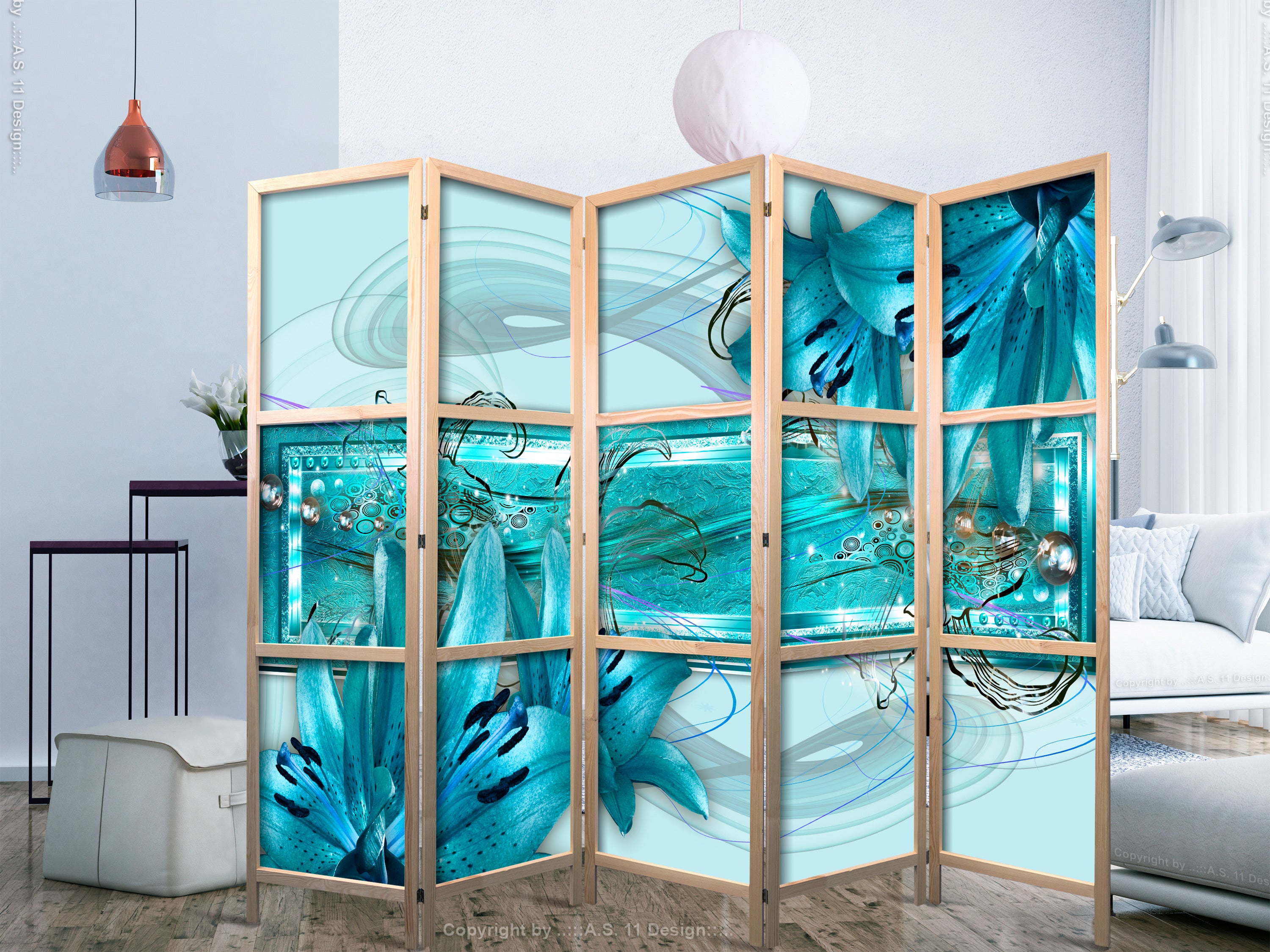 Pale Blue Lily Floral 5-Panel Japanese Room Divider