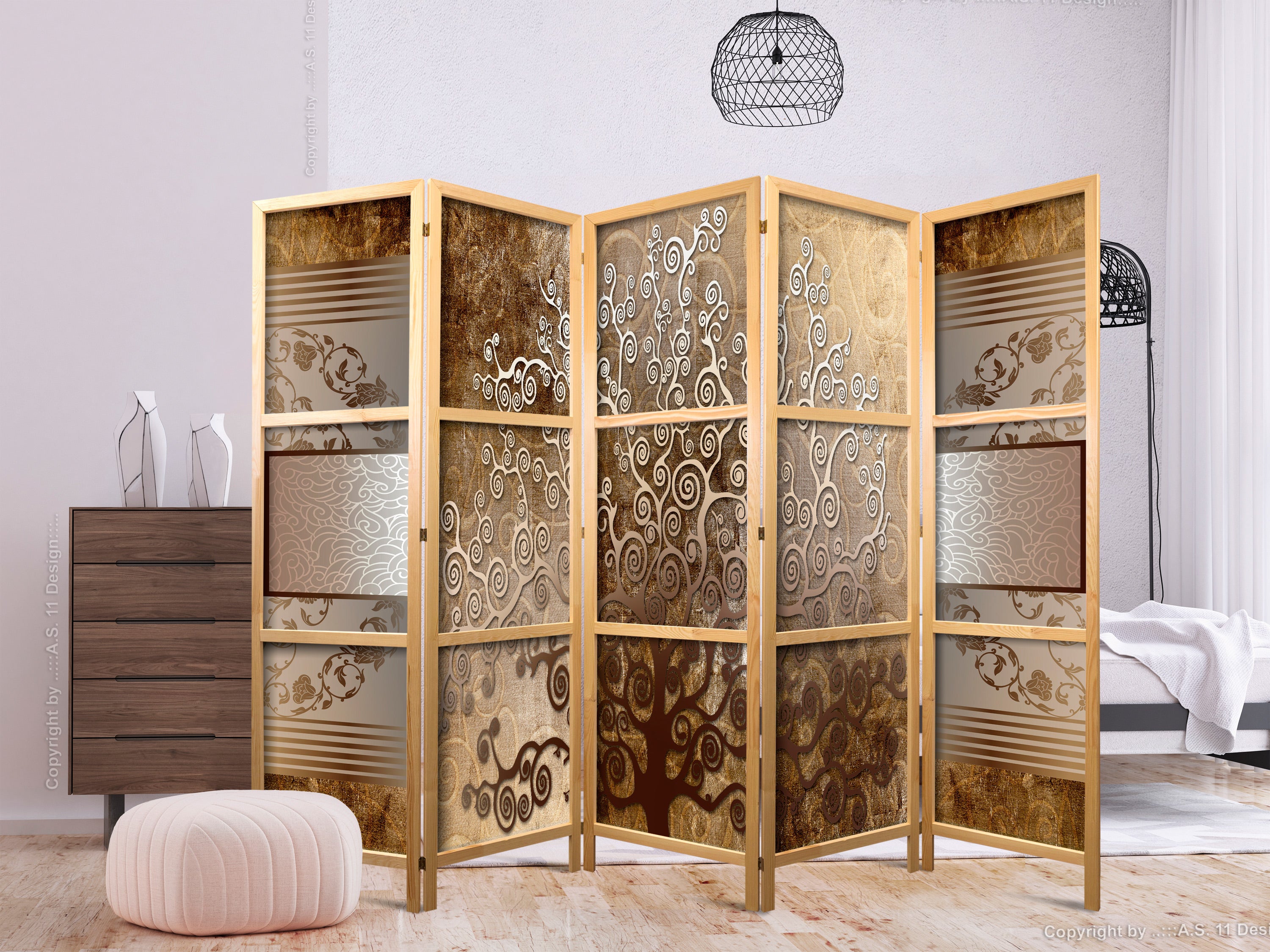 Golden Abstract 5-Panel Japanese Room Divider