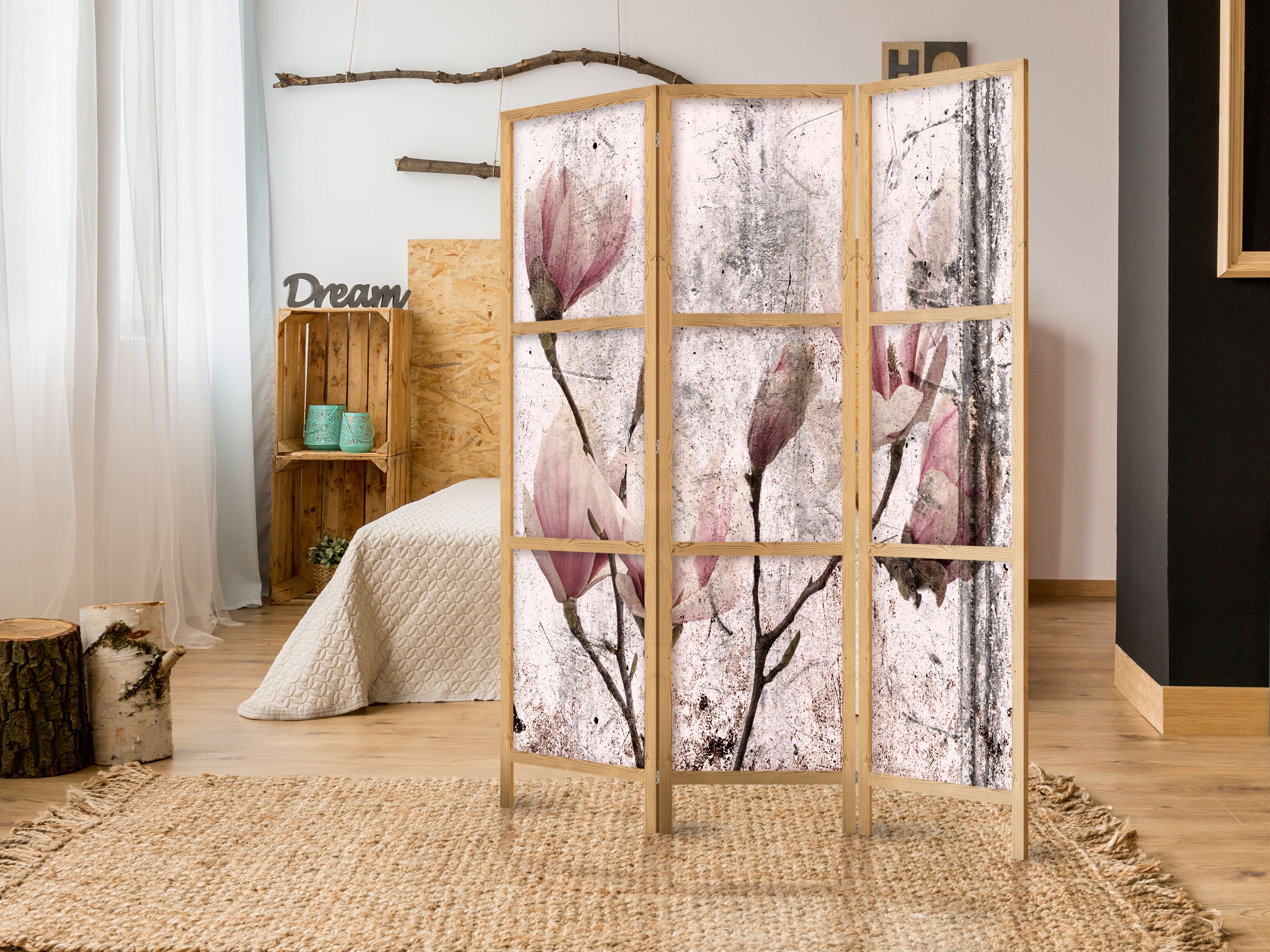 Vintage Magnolia Floral 3-Panel Japanese Room Divider