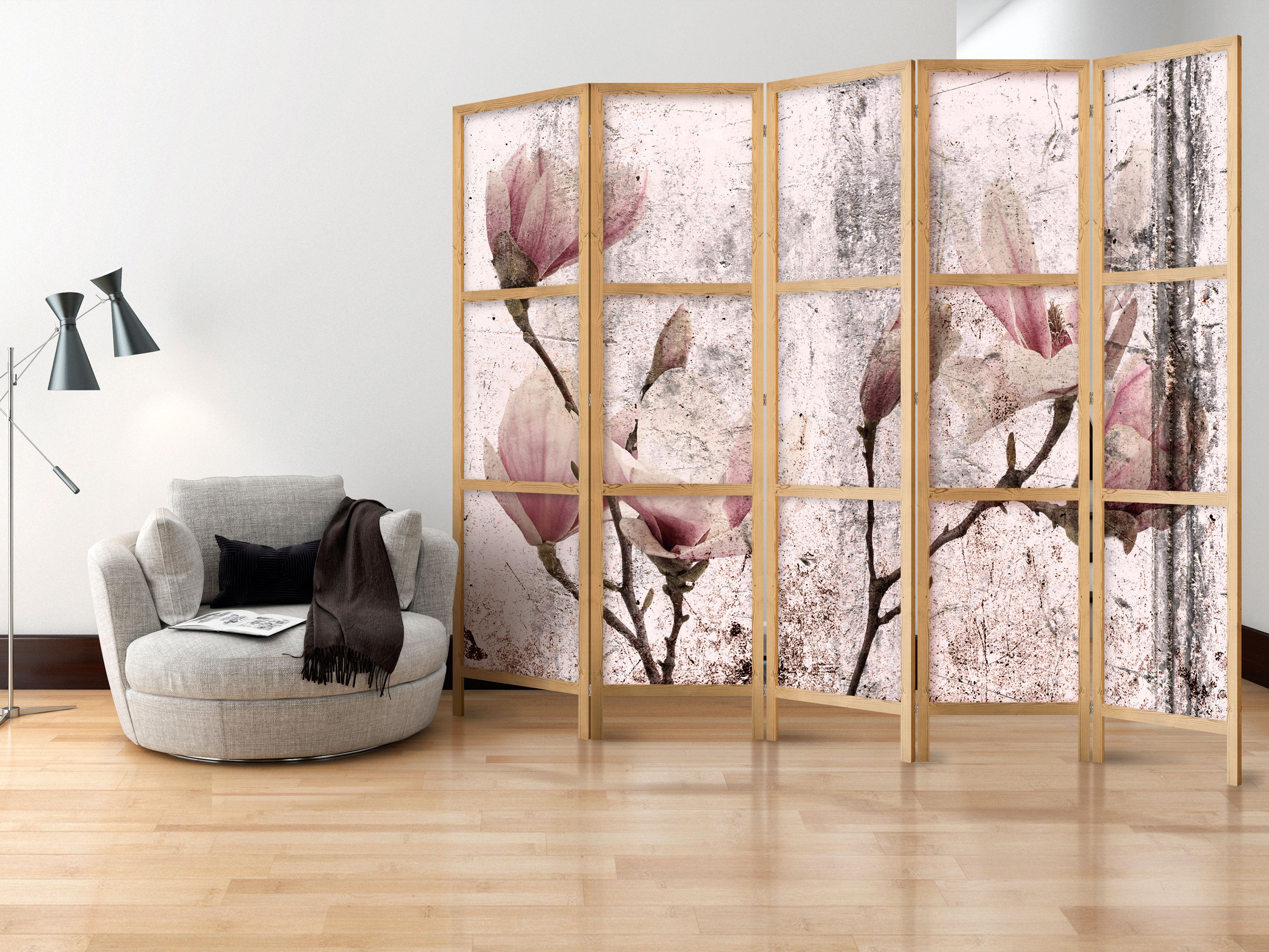 Vintage Magnolia Floral 5-Panel Japanese Room Divider