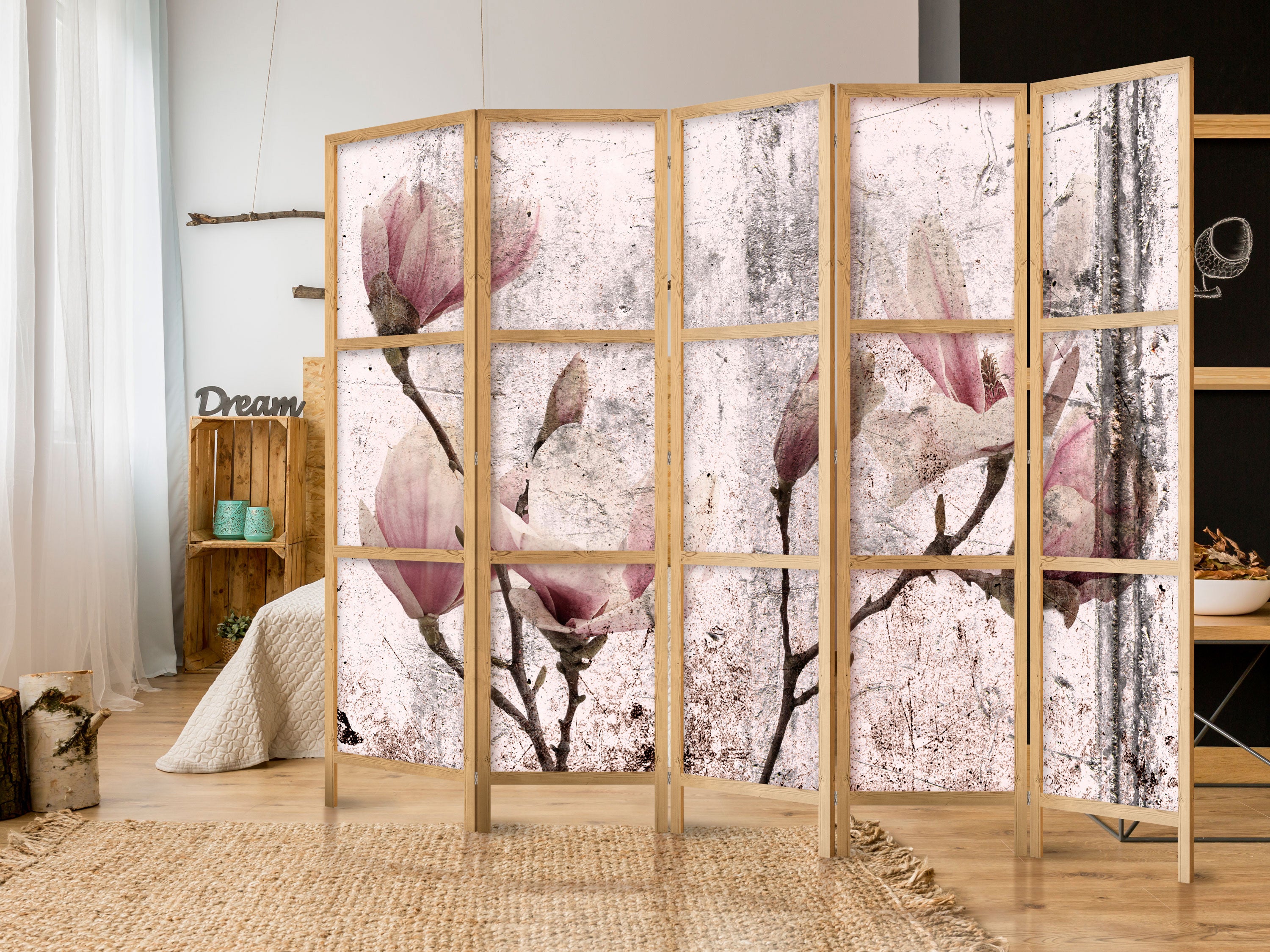 Vintage Magnolia Floral 5-Panel Japanese Room Divider