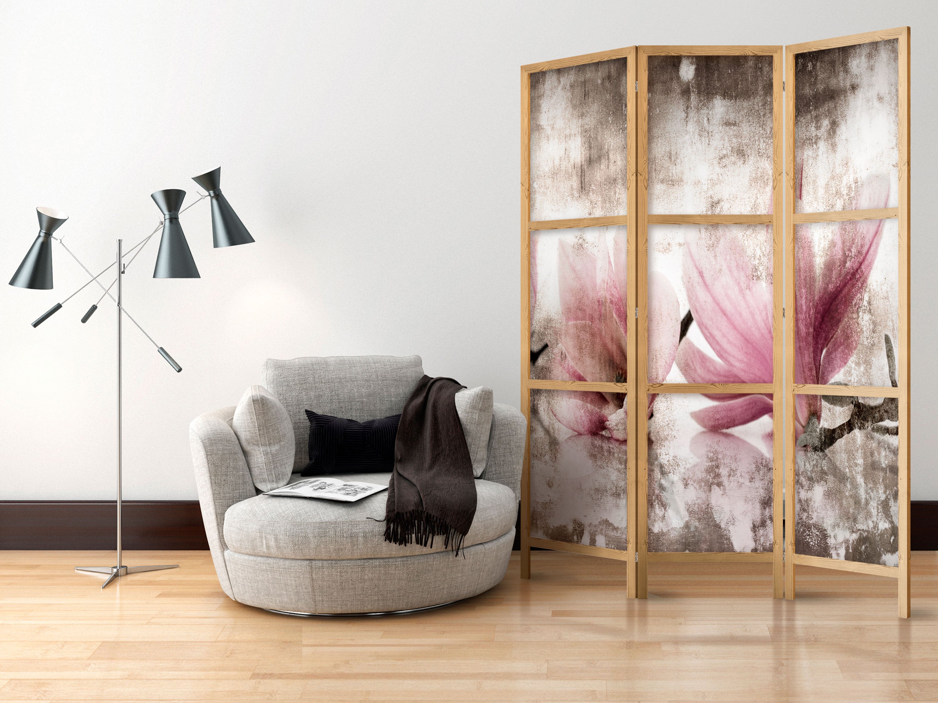 Retro Magnolia Floral 3-Panel Japanese Room Divider