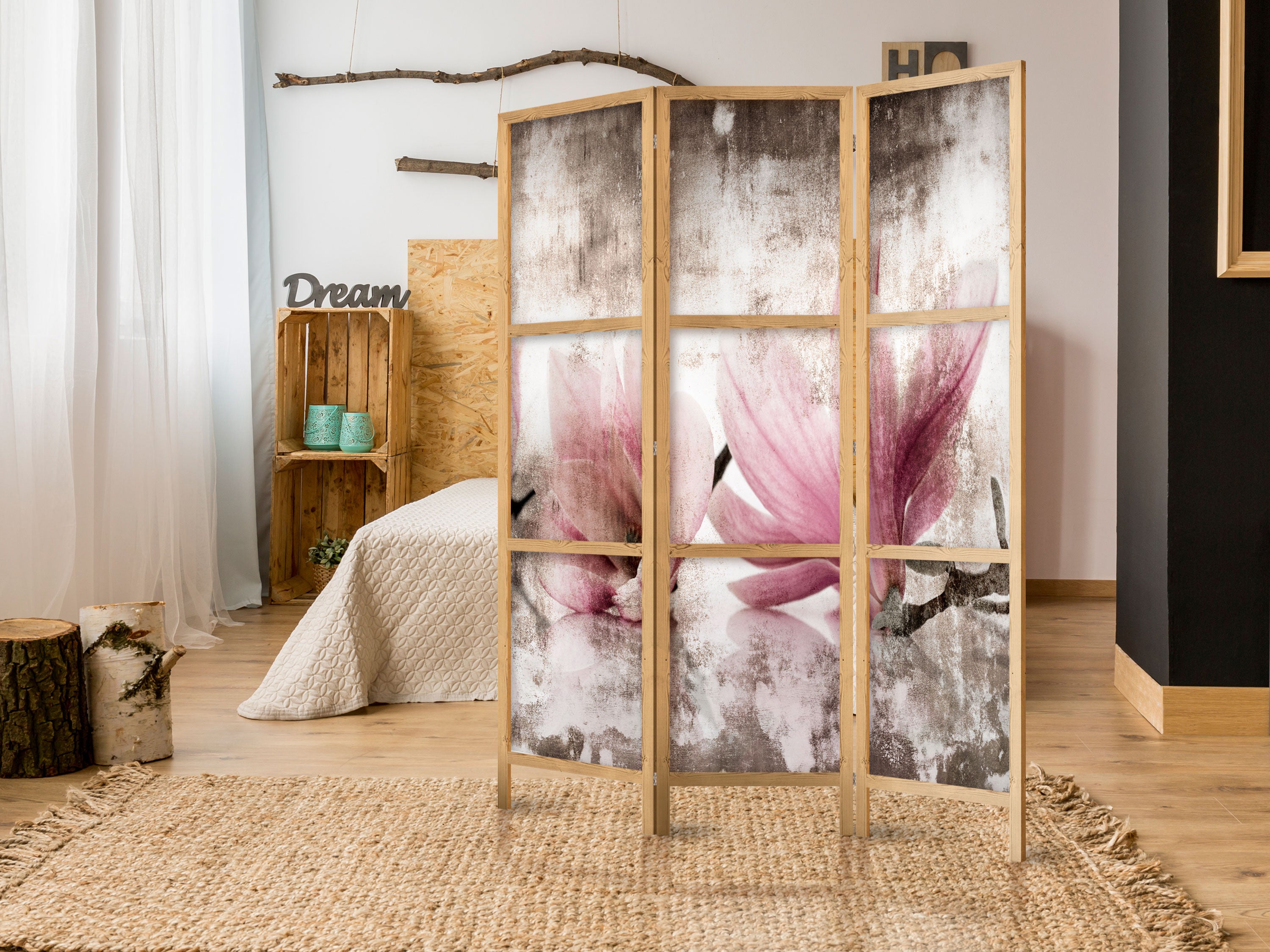 Retro Magnolia Floral 3-Panel Japanese Room Divider