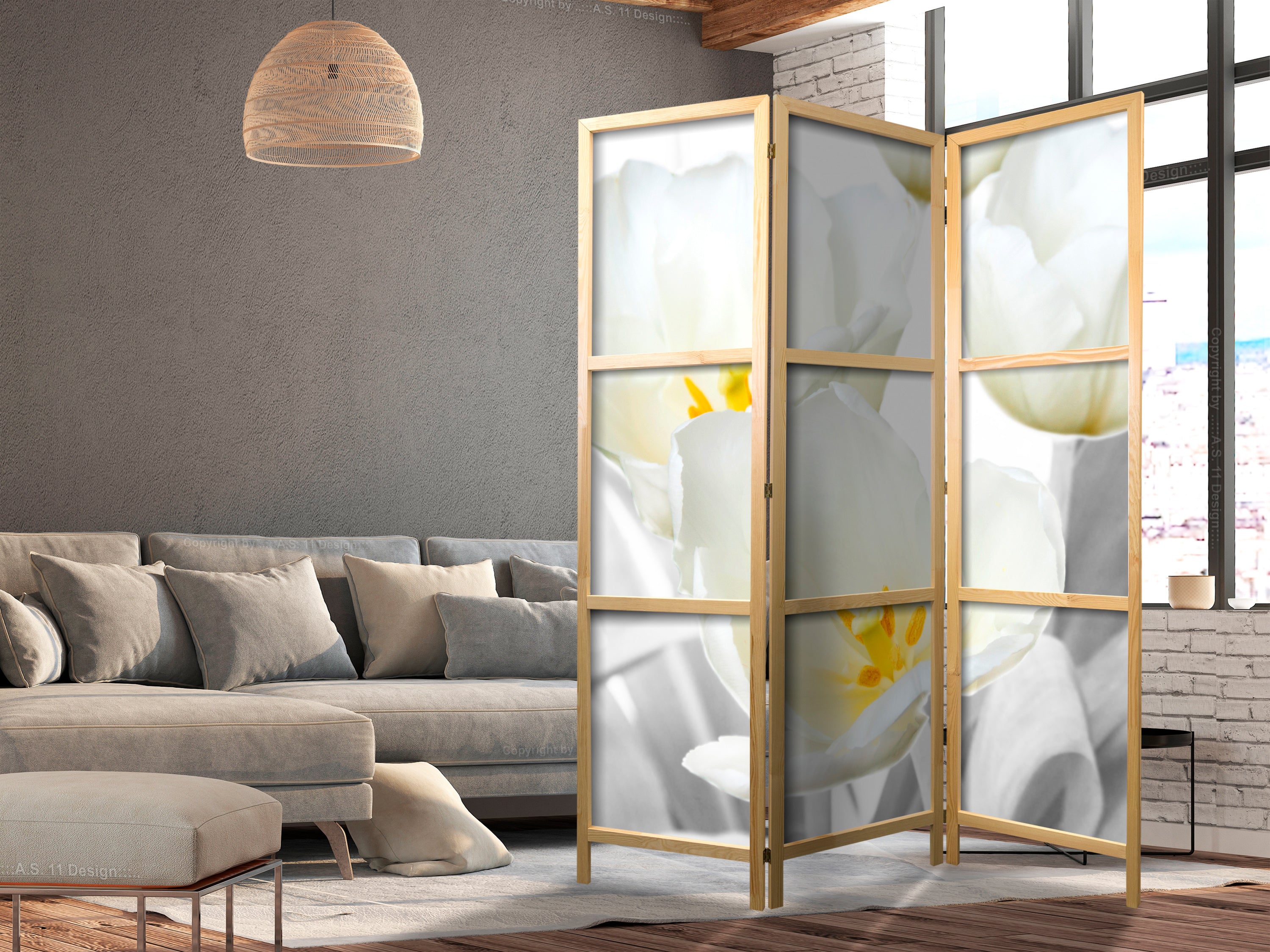 Luminous Tulips Floral 3-Panel Japanese Room Divider