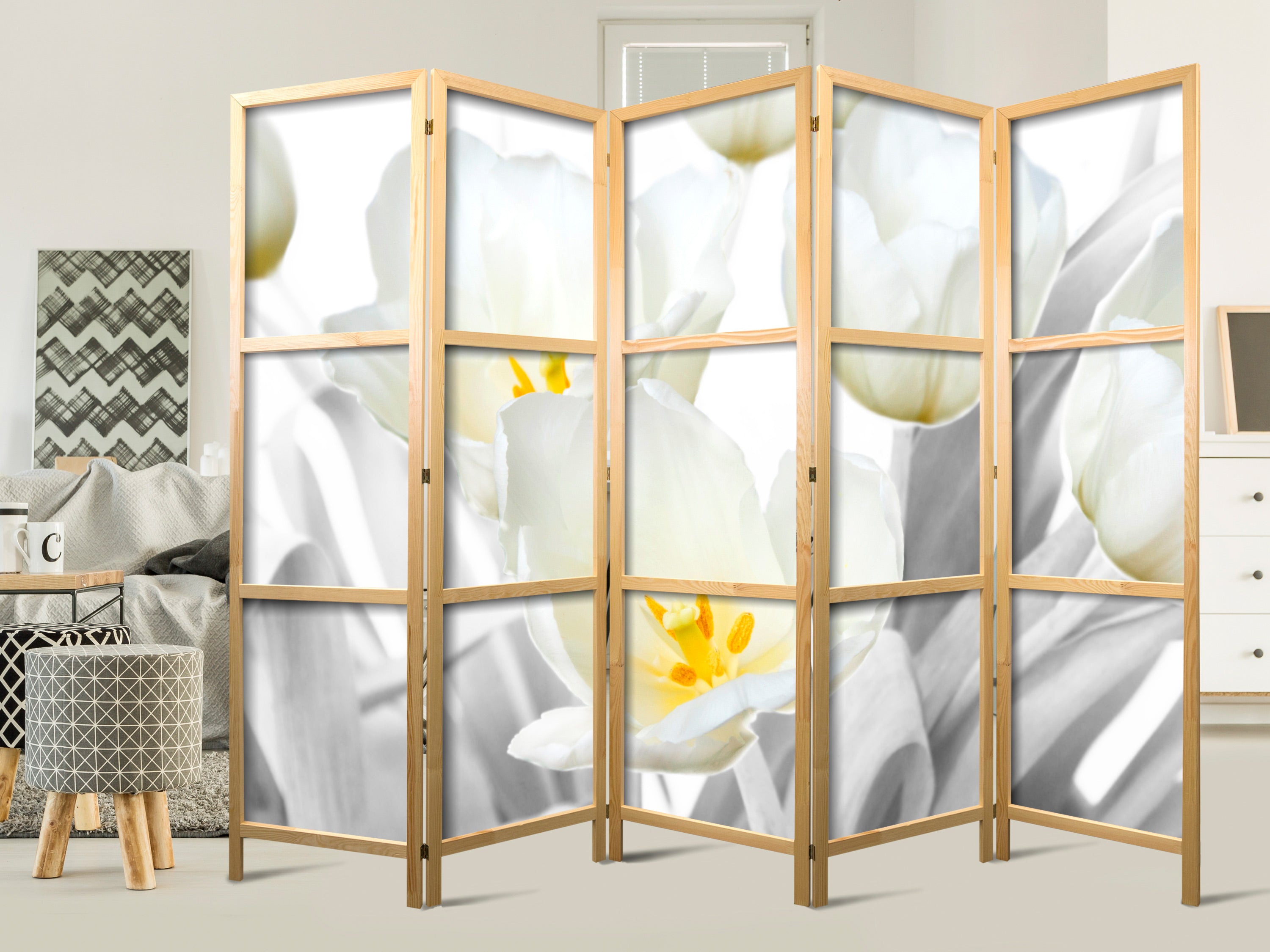 Luminous Tulips Floral 5-Panel Japanese Room Divider