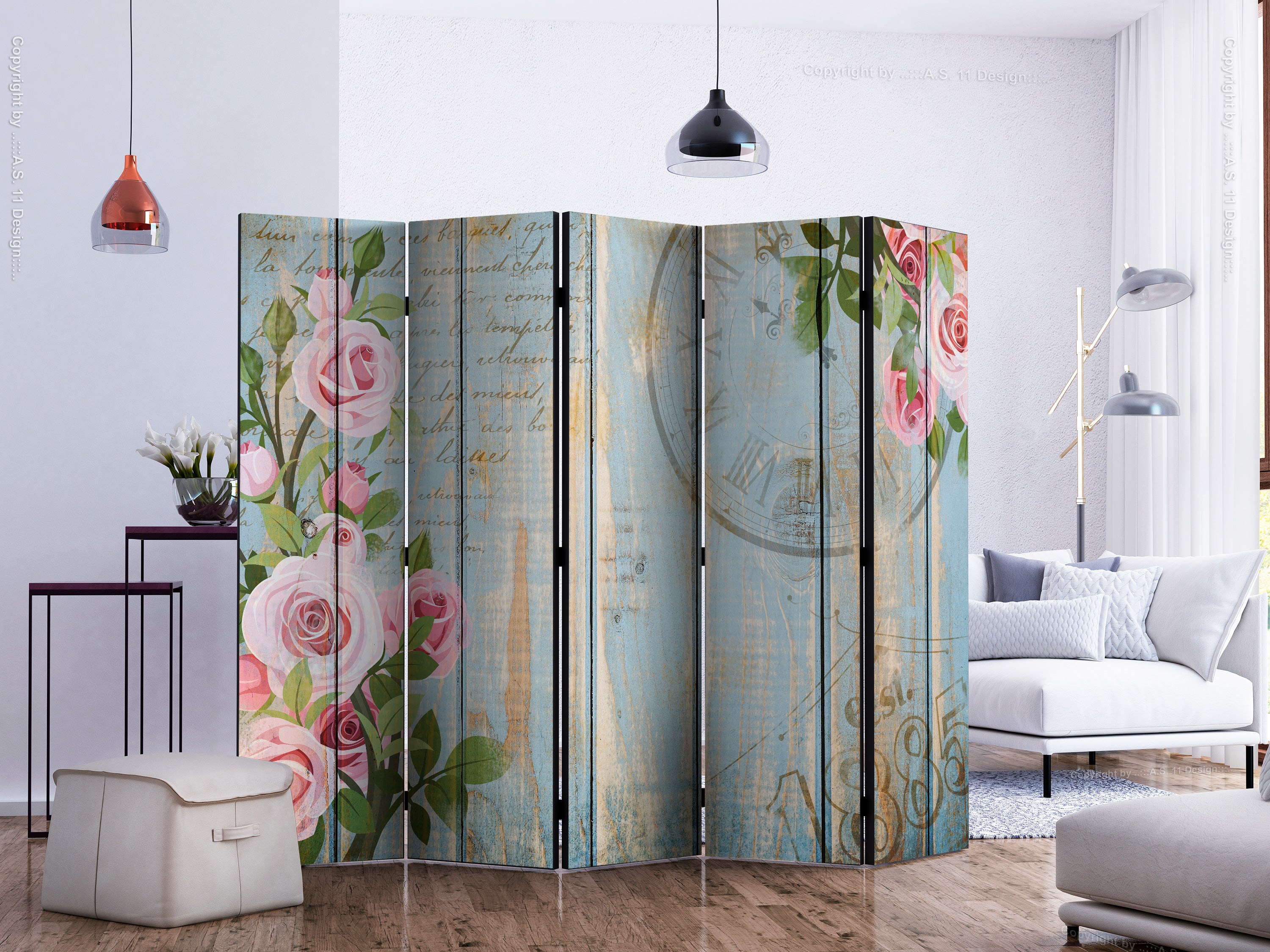 Vintage Garden Floral Wood 5-Panel Room Divider