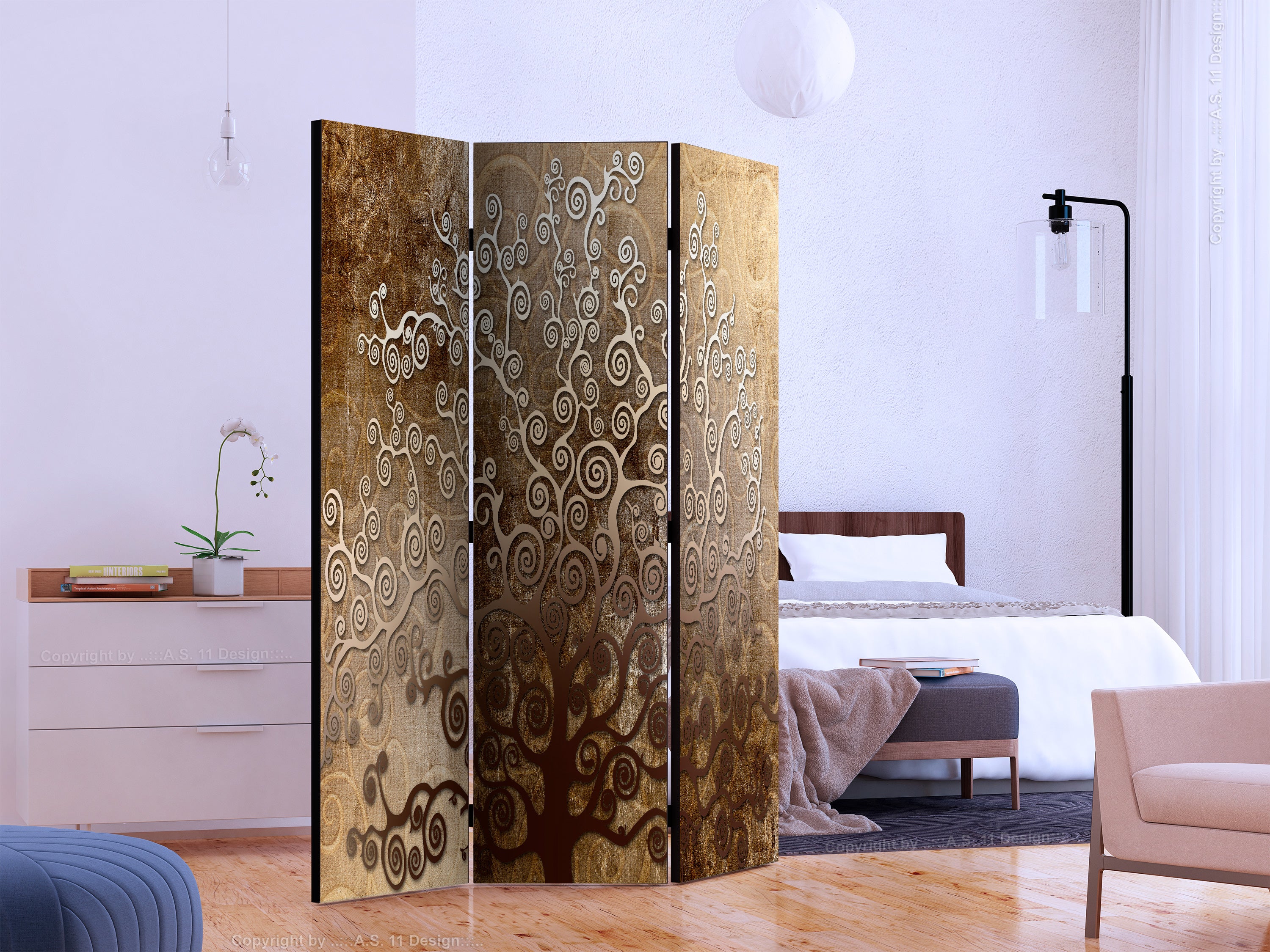 Klimt Golden Tree Floral 3-Panel Room Divider