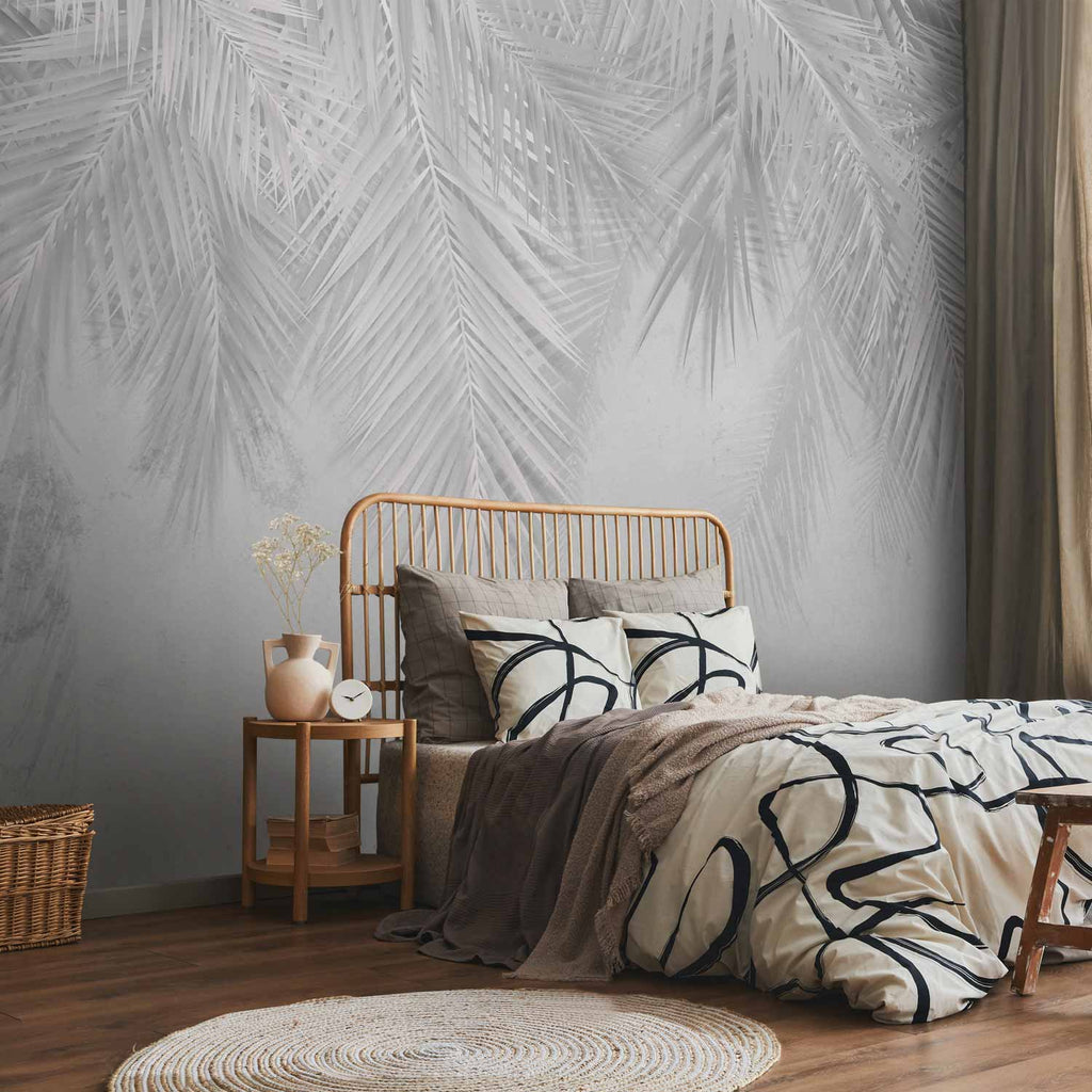 Grey Tropical Palm Leaves Wall Mural
