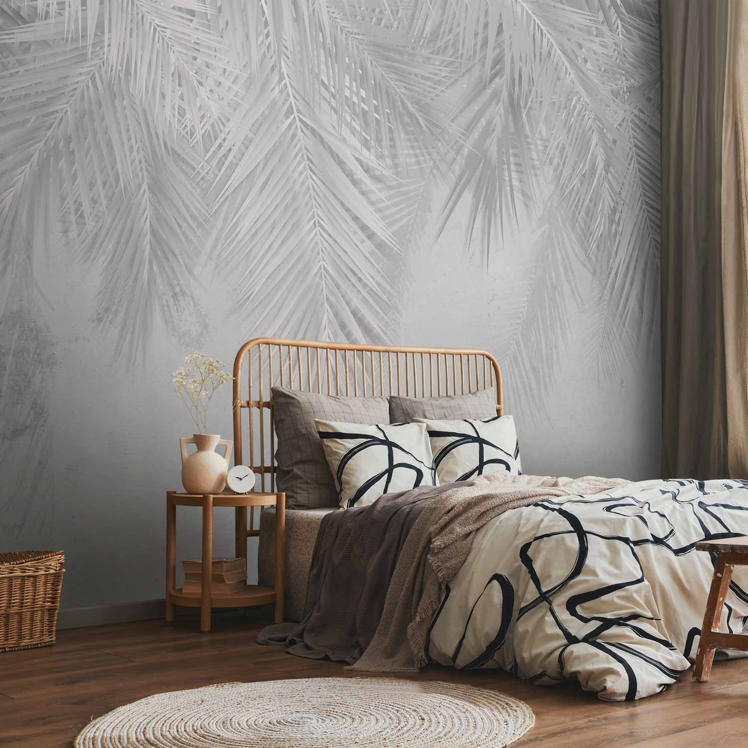 Grey Tropical Palm Leaves Wall Mural