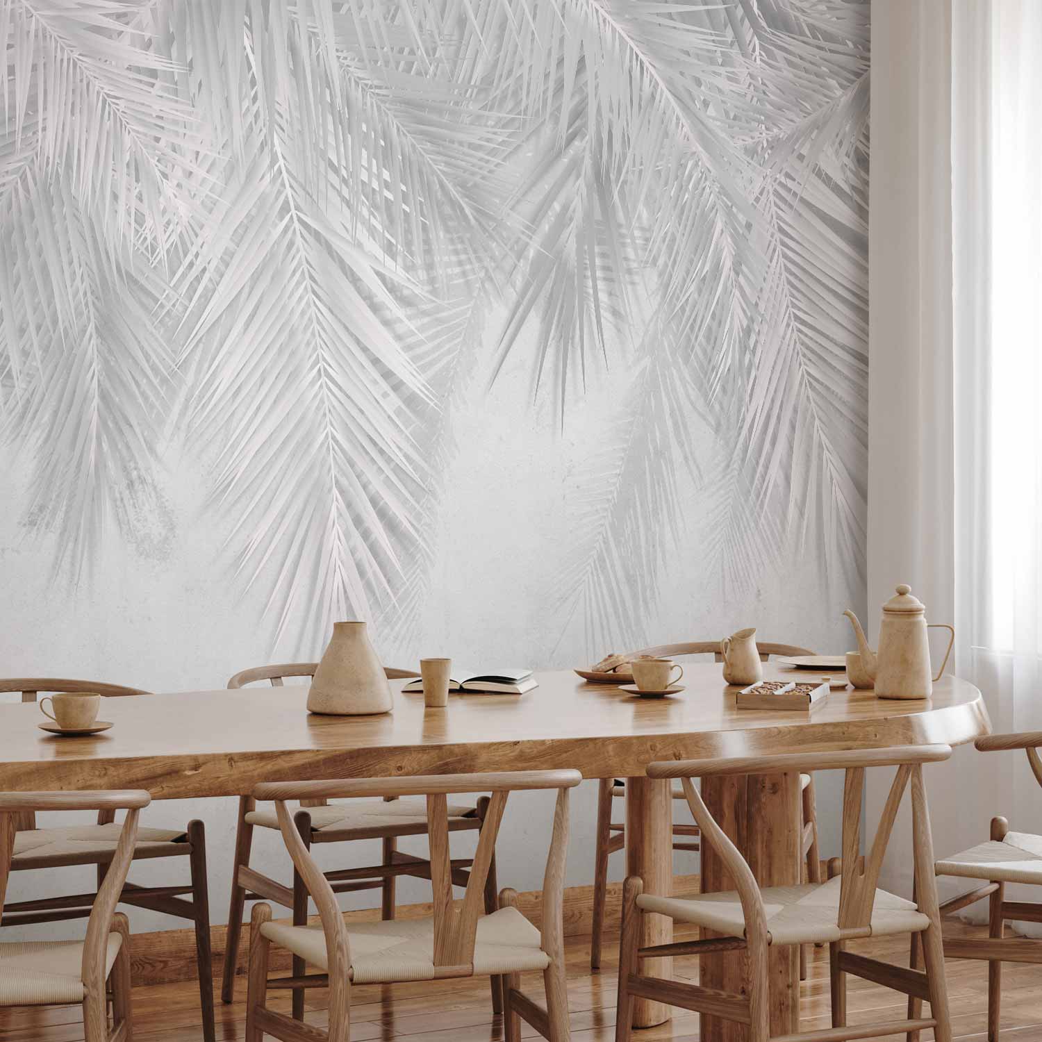 Grey Tropical Palm Leaves Wall Mural