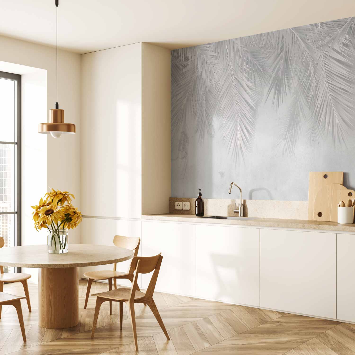 Grey Tropical Palm Leaves Wall Mural