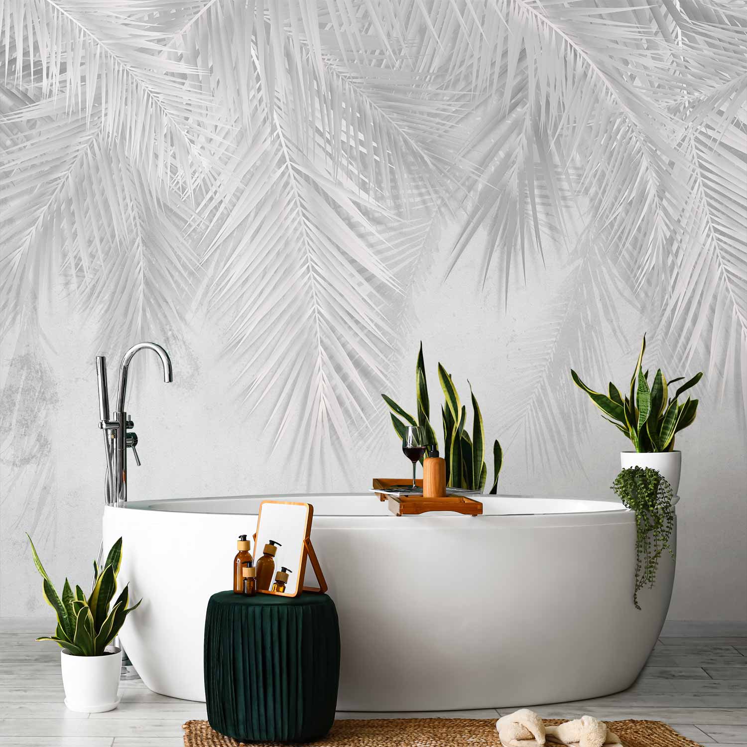 Grey Tropical Palm Leaves Wall Mural