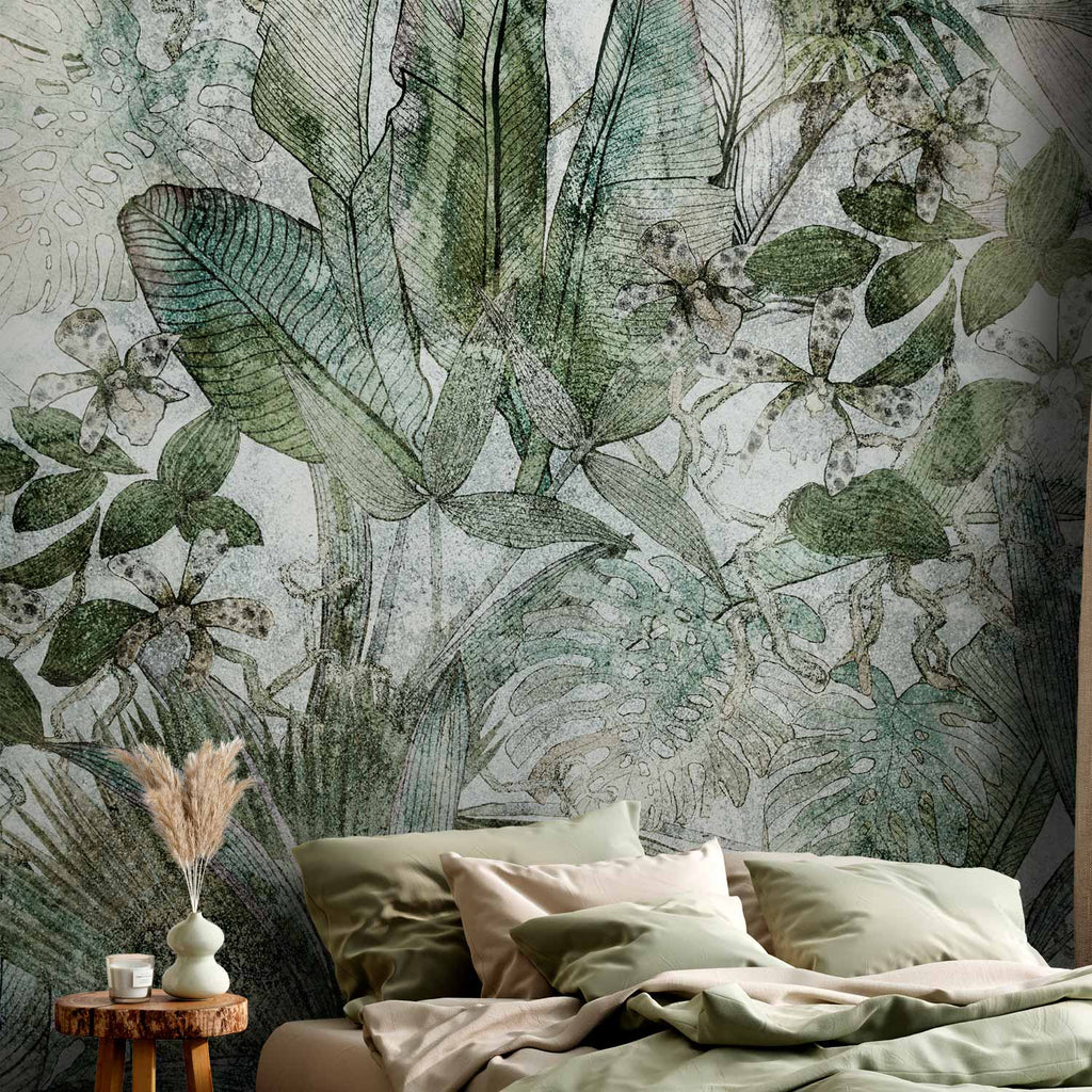 Dewy Green Leaves Nature Wall Mural