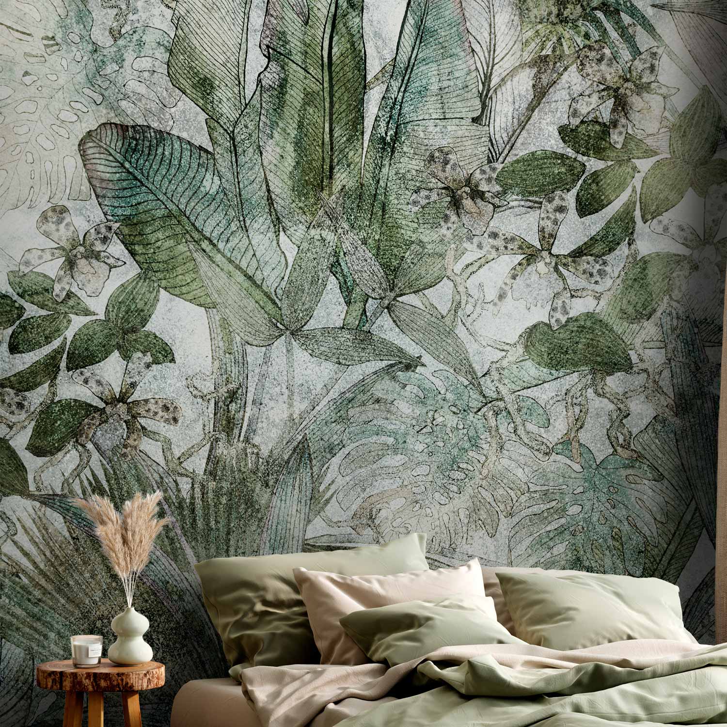 Dewy Green Leaves Nature Wall Mural