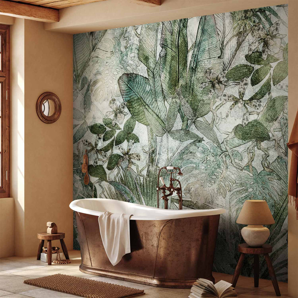 Dewy Green Leaves Nature Wall Mural