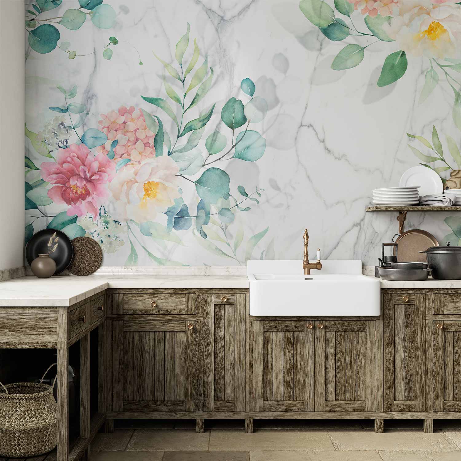 Flowery Marble Multicolor Wall Mural