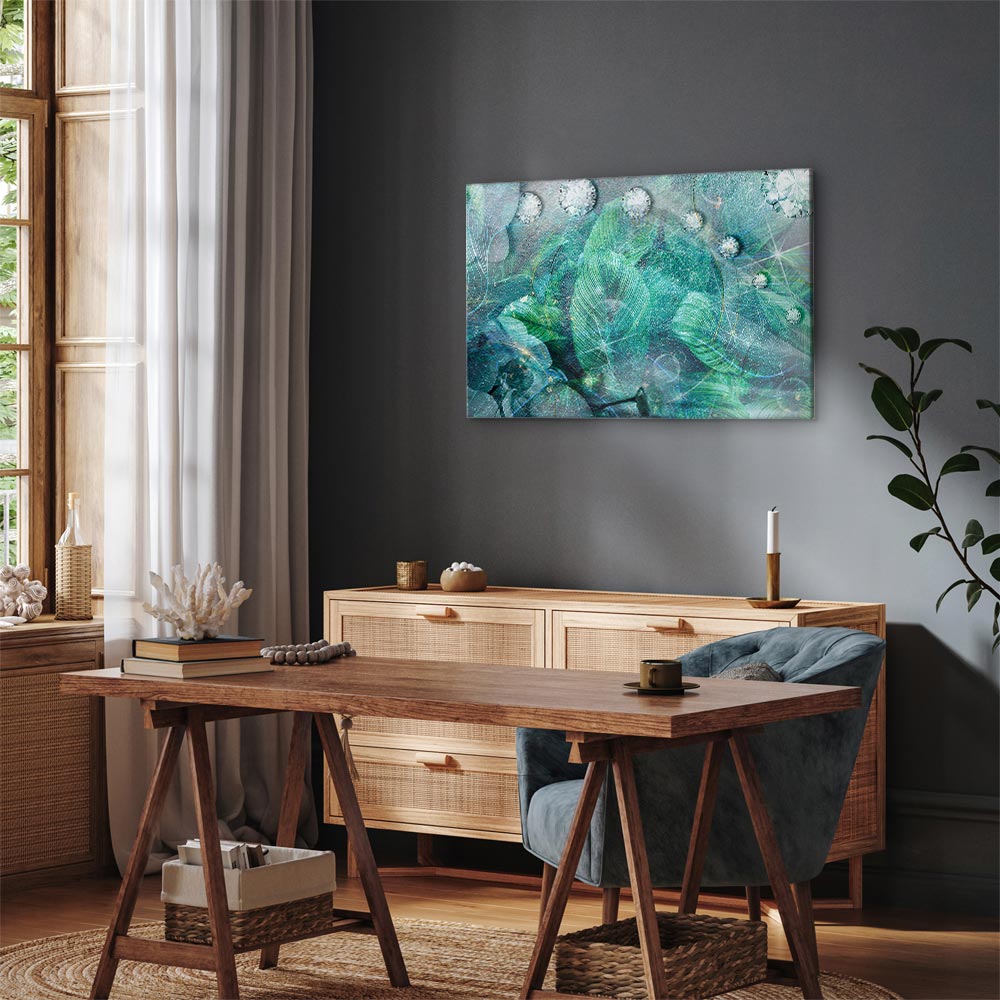 Turquoise Leaf Botanical Wide Canvas Print