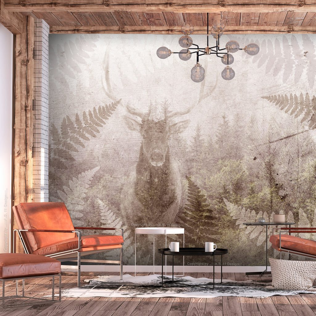 Wall Mural Forest Motif: Deer with Antlers on Concrete Pattern