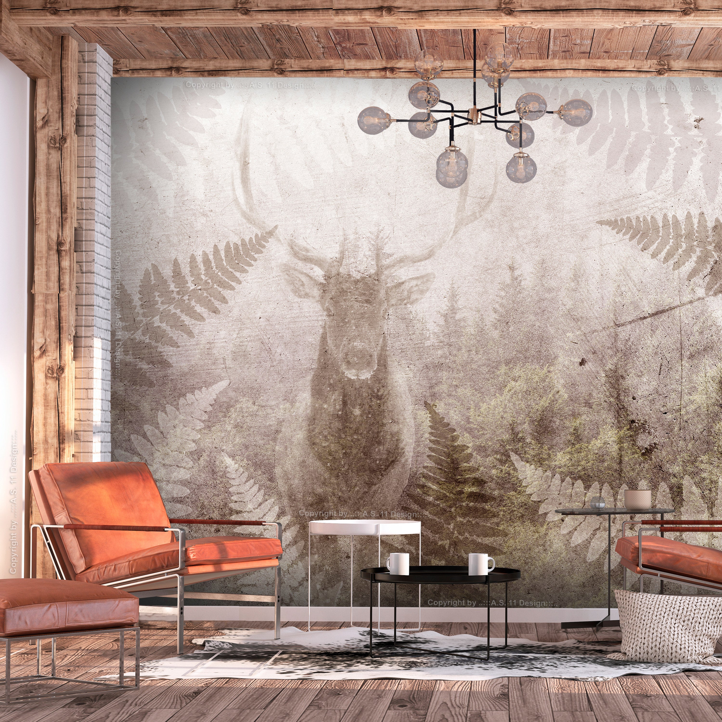 Wall Mural Forest Motif: Deer with Antlers on Concrete Pattern