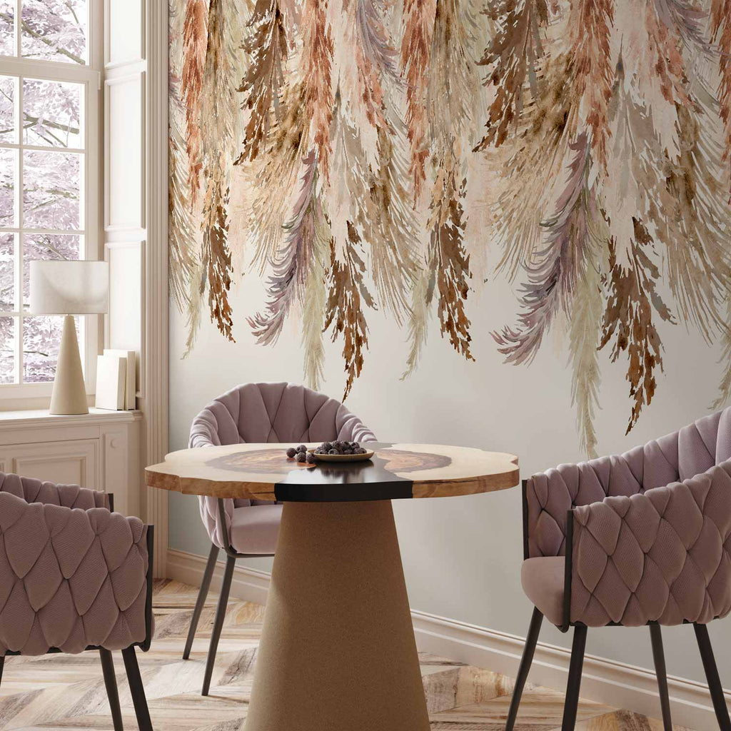 Minimalist Boho Beige Leaves Landscape Wall Mural