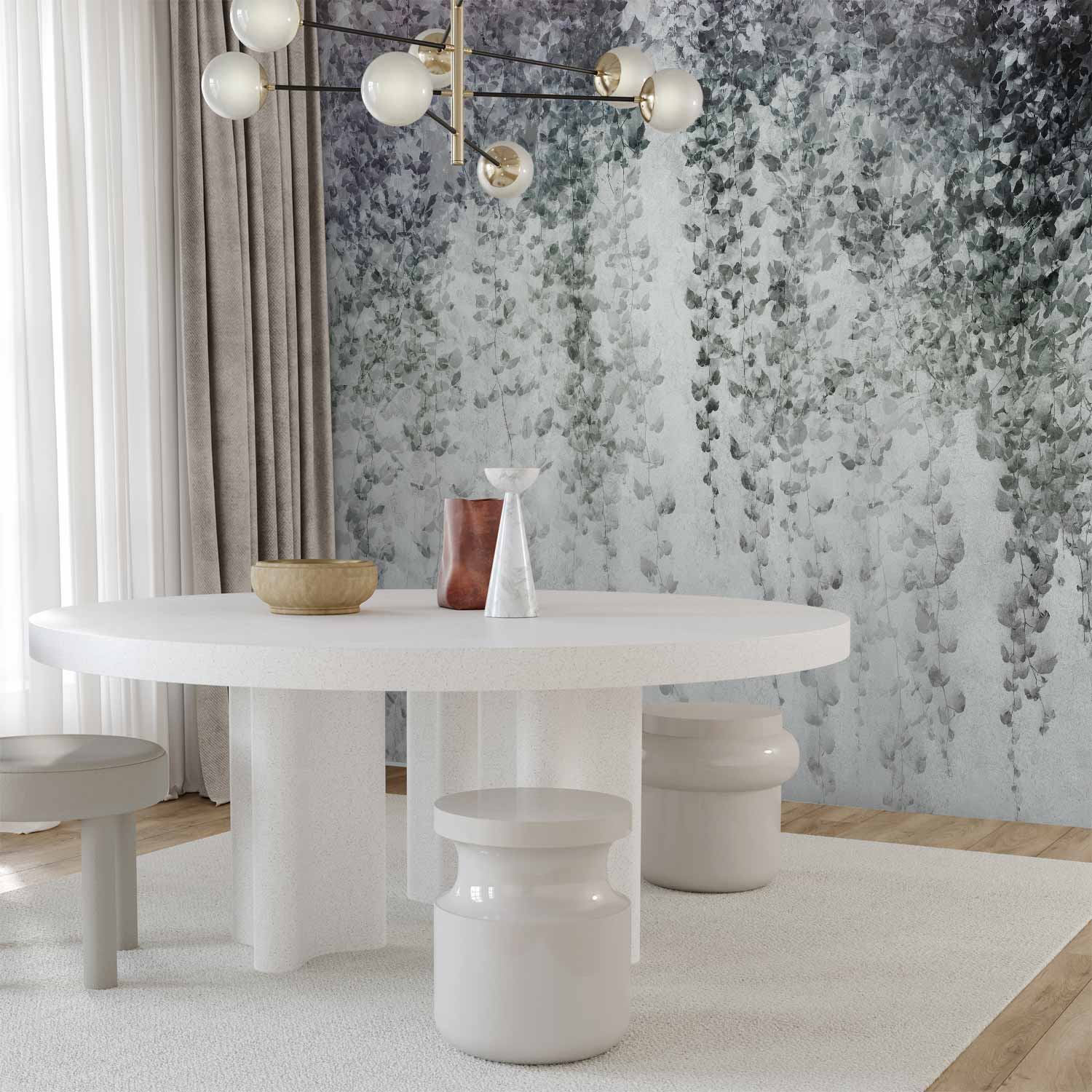 Hanging Black Leaf Vines Grey Wall Mural