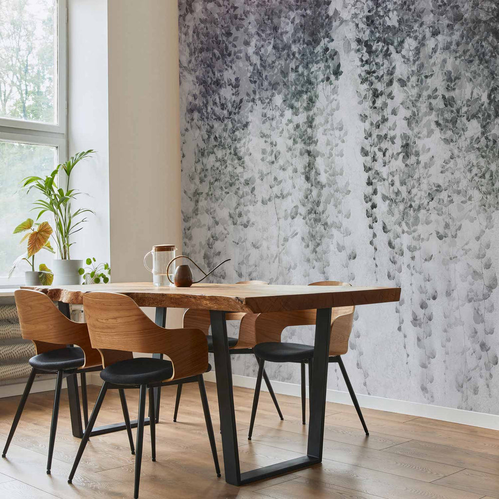 Hanging Black Leaf Vines Grey Wall Mural