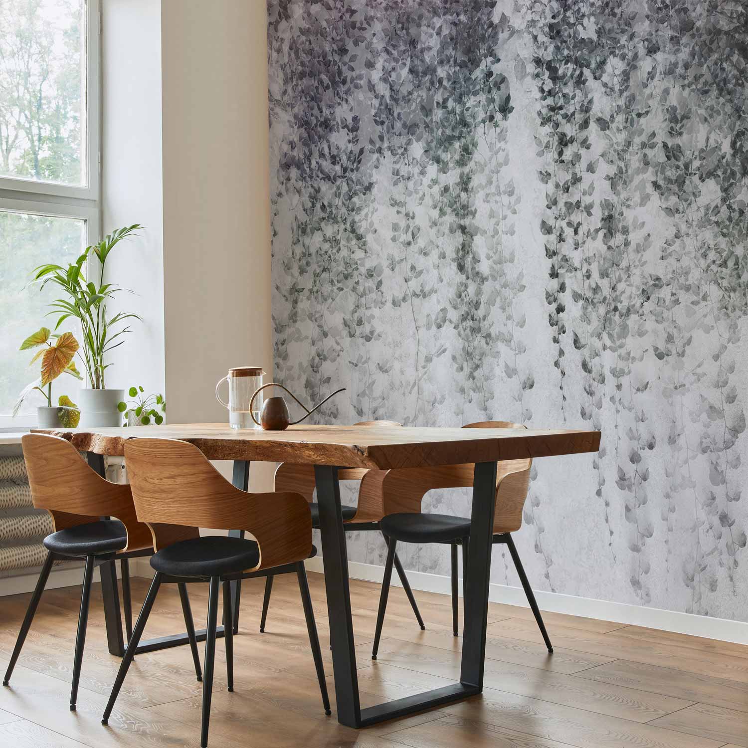 Hanging Black Leaf Vines Grey Wall Mural