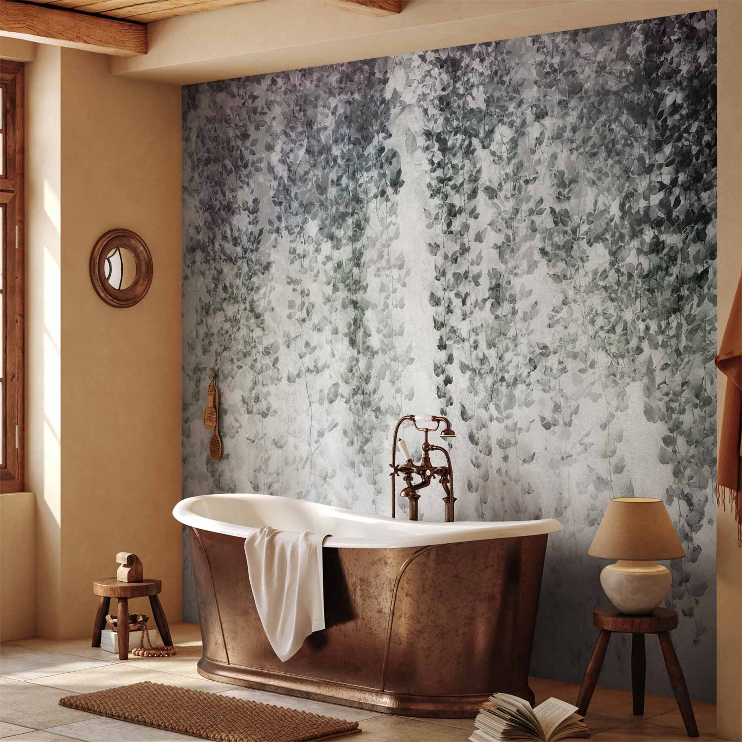 Hanging Black Leaf Vines Grey Wall Mural