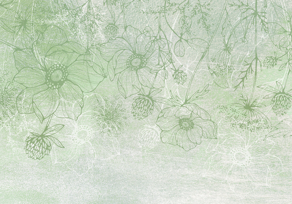 Wall Mural Flowery Meadow Nature Lineart on Green Background