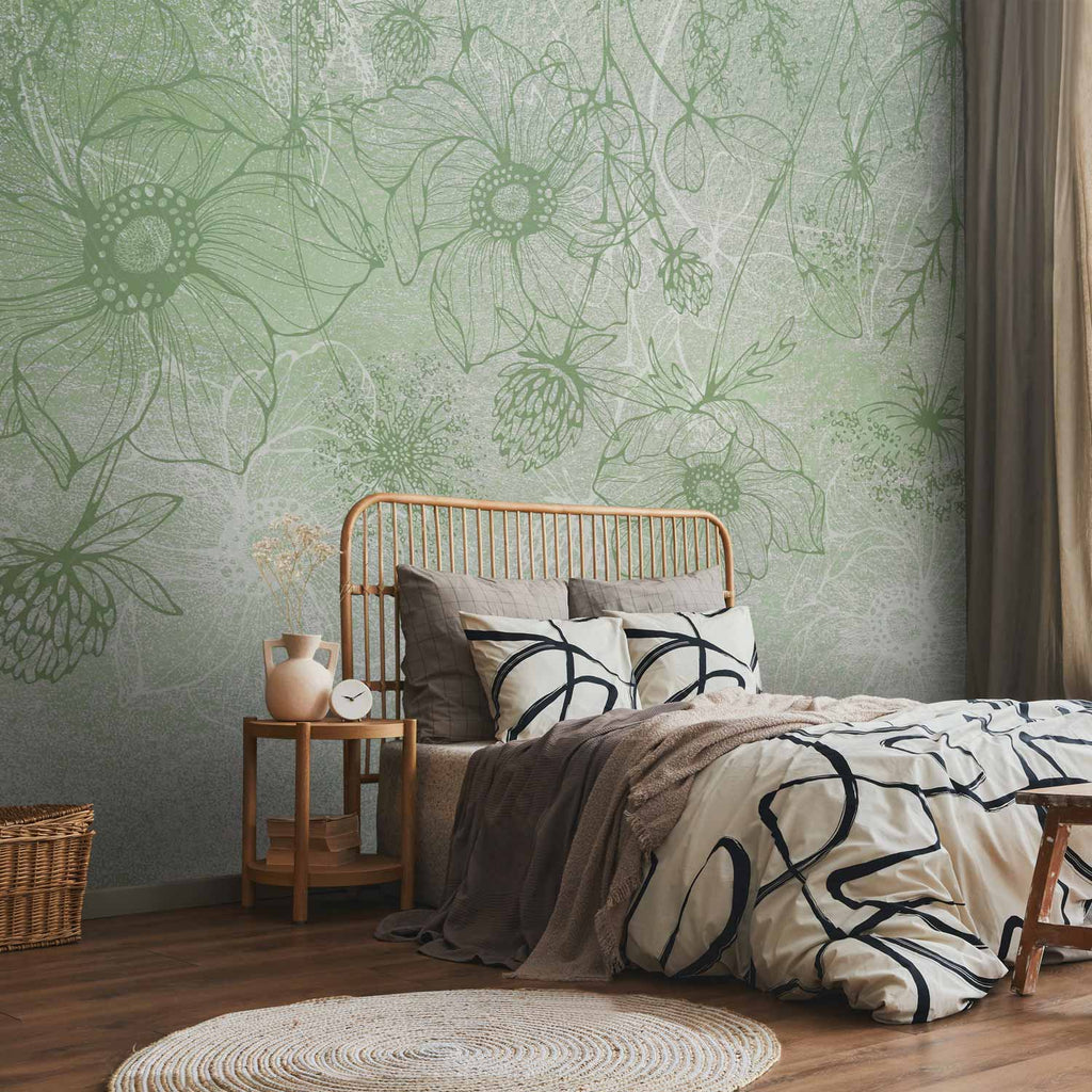 Flowery Meadow Line Art Green Wall Mural