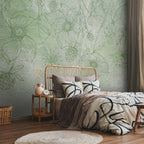 Flowery Meadow Line Art Green Wall Mural