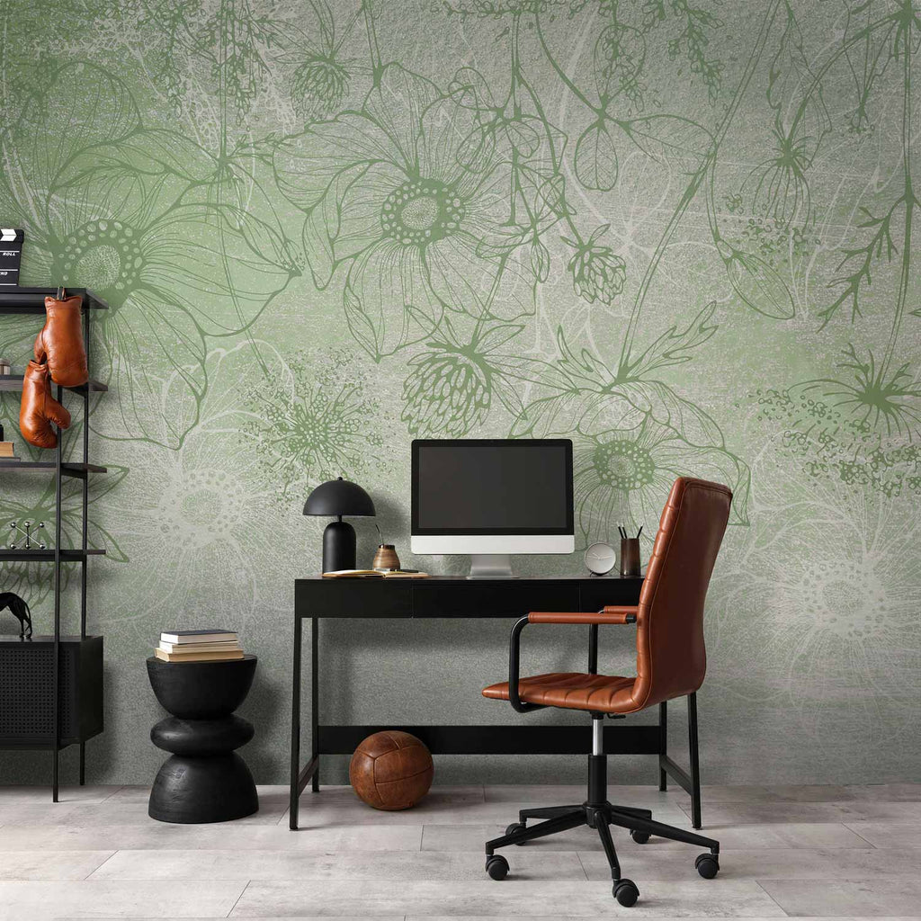 Flowery Meadow Line Art Green Wall Mural
