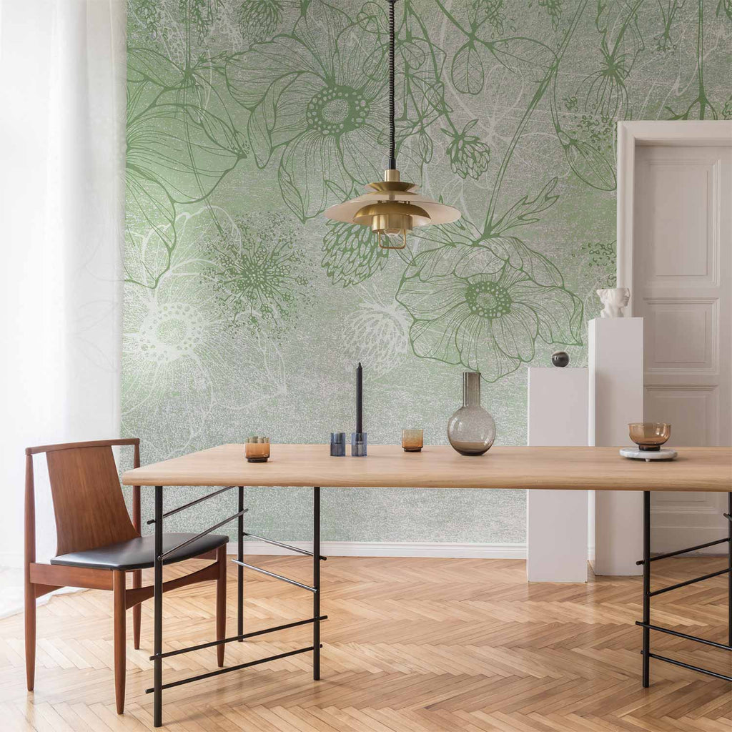 Wall Mural Flowery Meadow Nature Lineart on Green Background