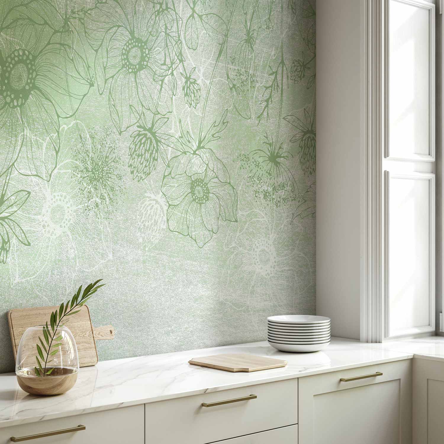 Flowery Meadow Line Art Green Wall Mural